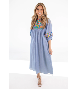 J. Marie Collections Tristen Blue Stripe Embroidery Midi Dress