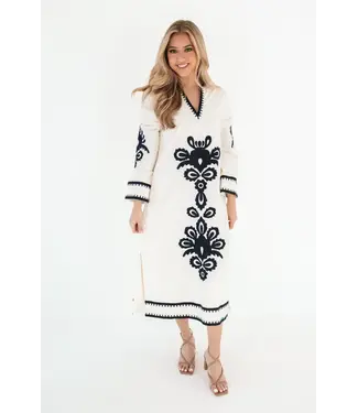 J. Marie Collections White Hanna Dress with Black Embroidery