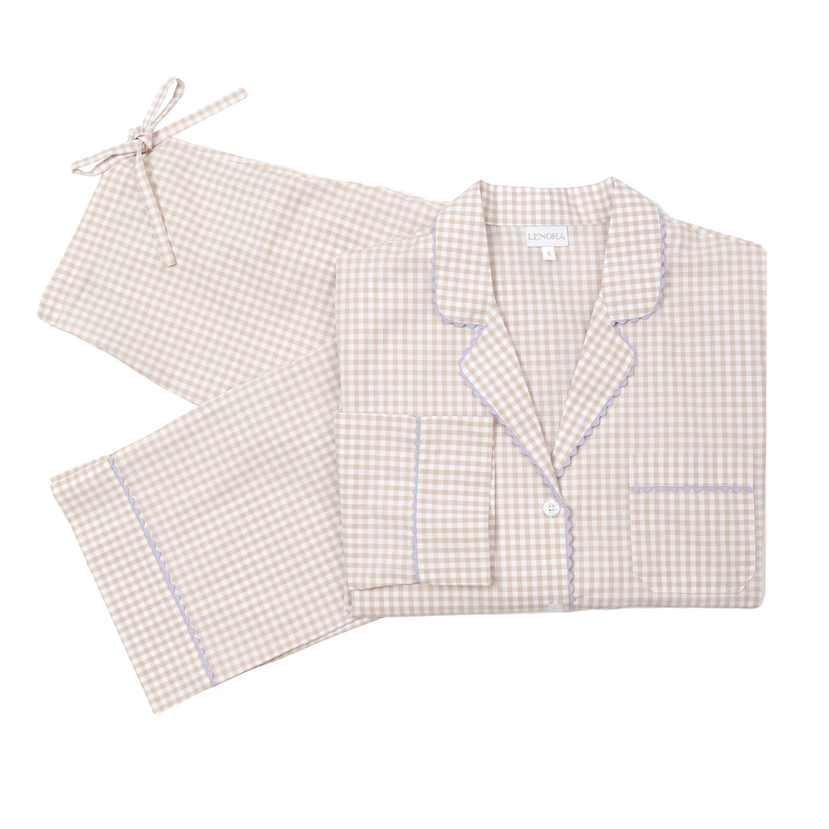 Gingham Cotton Pajamas w/ Ric Rack Trim Khaki