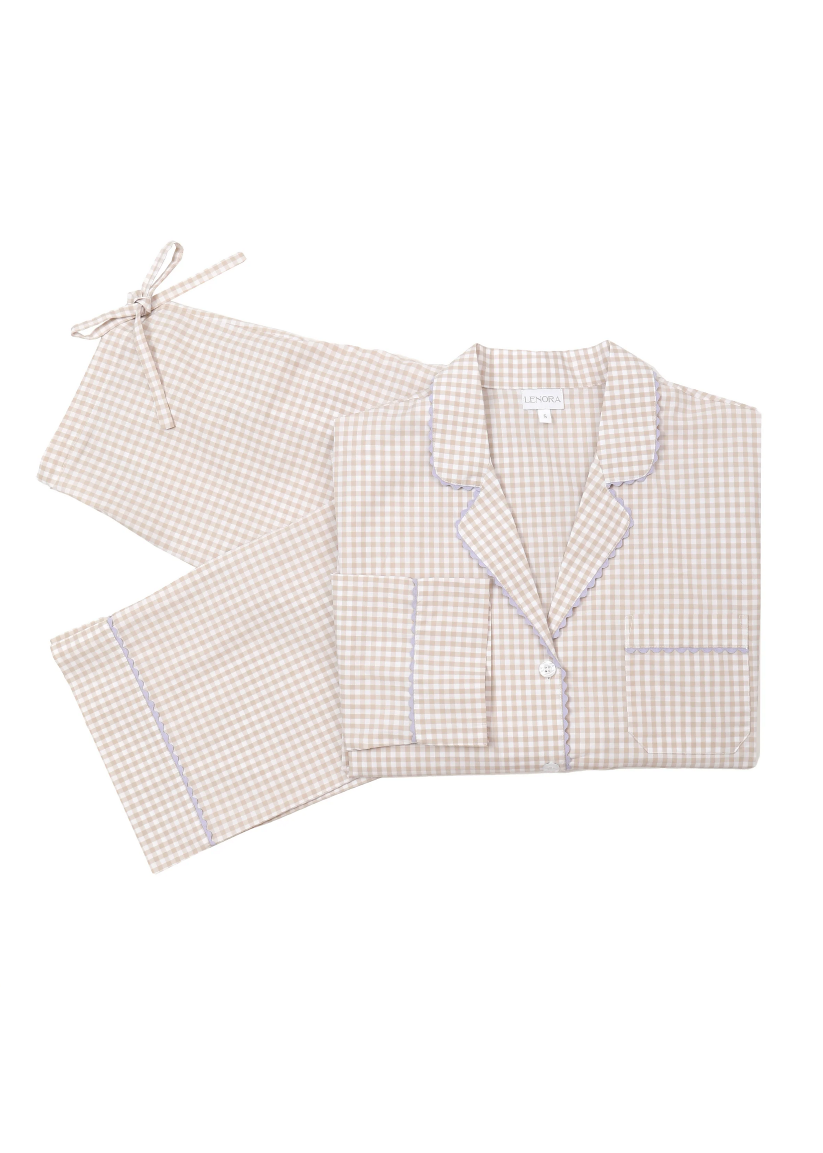 Gingham Cotton Pajamas w/ Ric Rack Trim Khaki