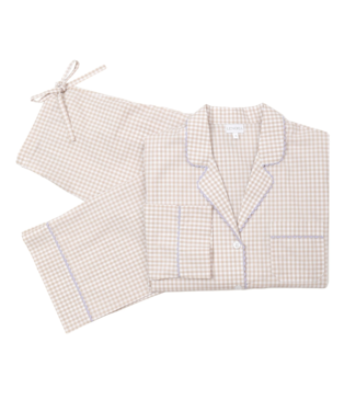 Lenora Gingham Cotton Pajamas w/ Ric Rack Trim Khaki