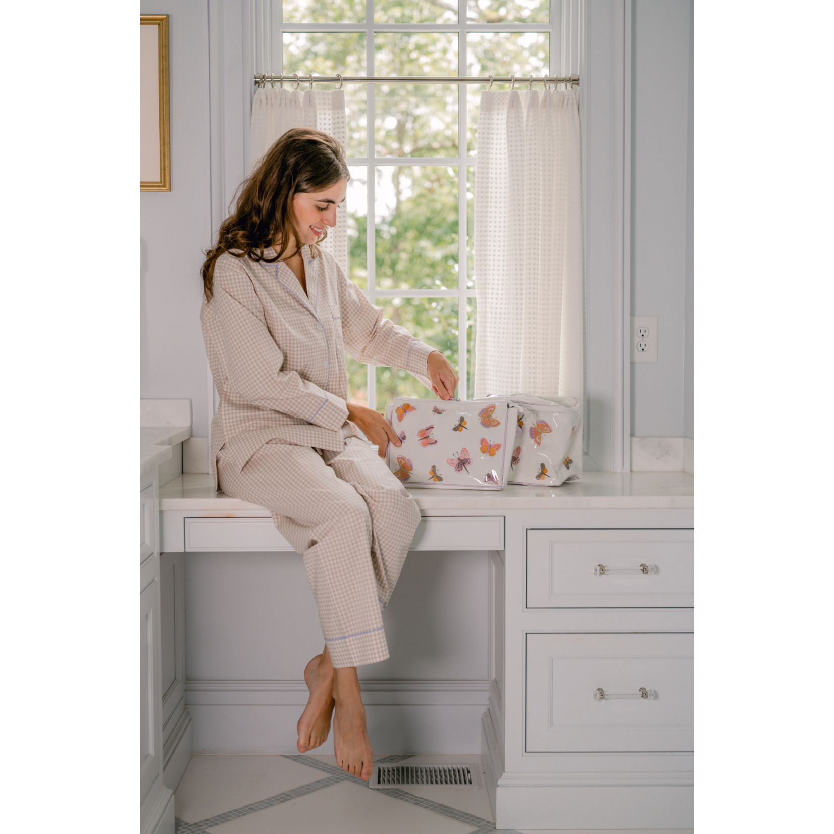 Gingham Cotton Pajamas w/ Ric Rack Trim Khaki