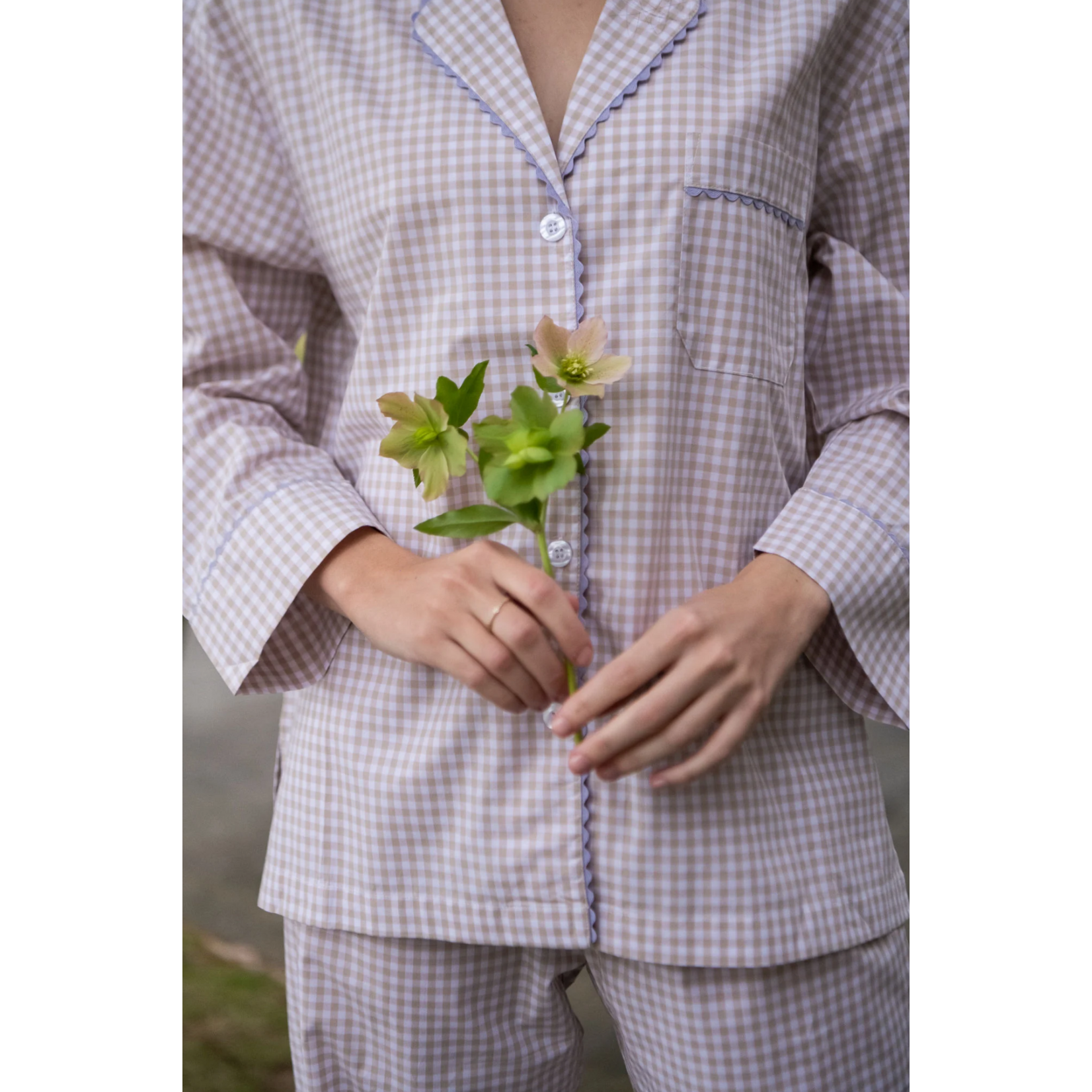 Gingham Cotton Pajamas with Ric Rack Trim Khaki