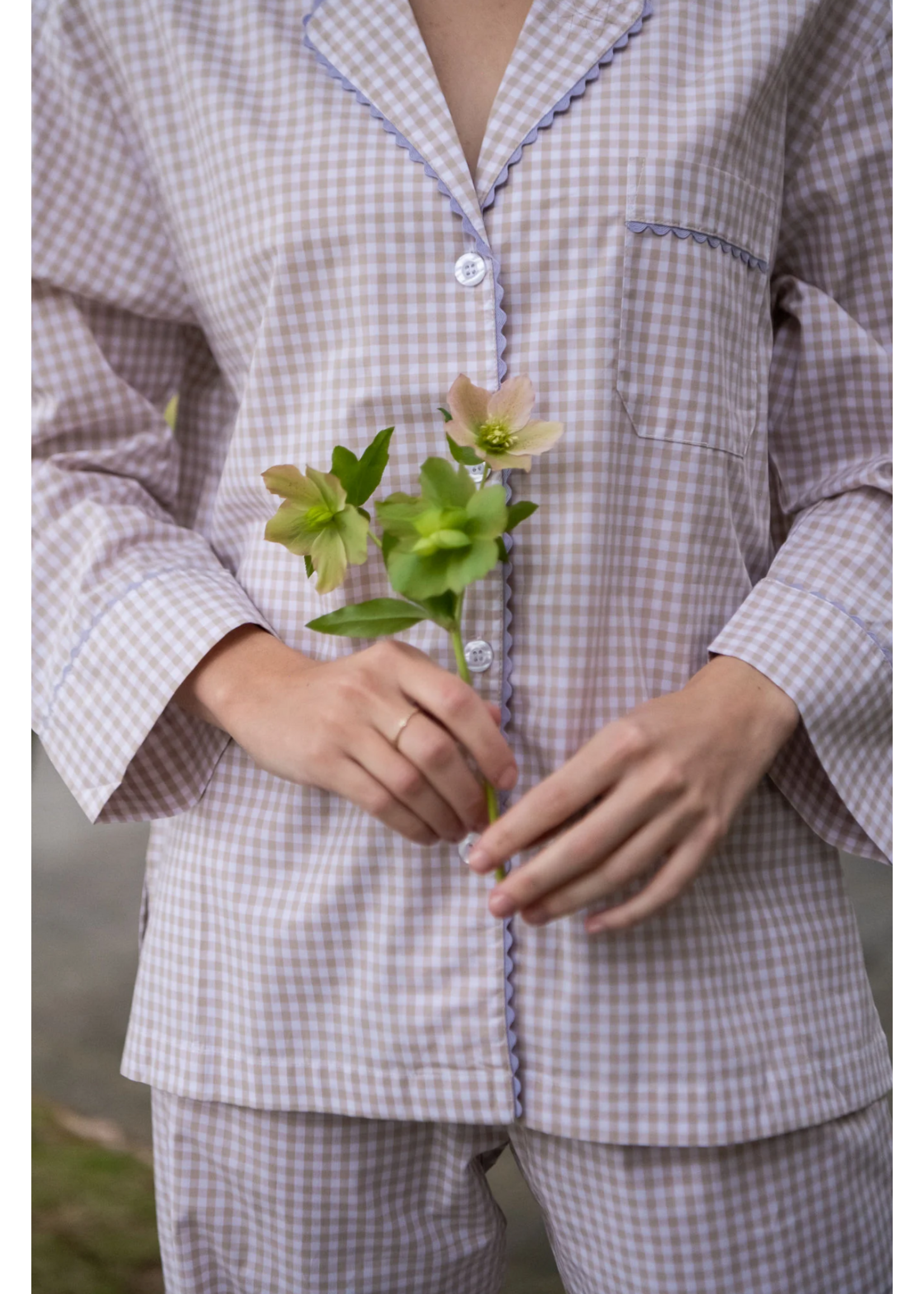 Gingham Cotton Pajamas w/ Ric Rack Trim Khaki