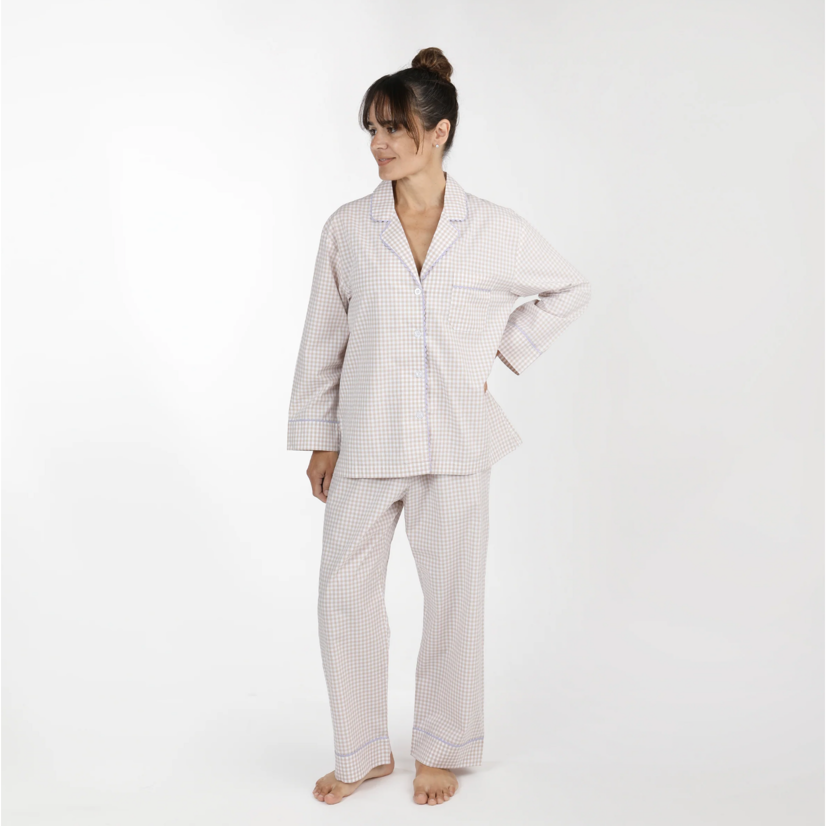 Gingham Cotton Pajamas with Ric Rack Trim Khaki