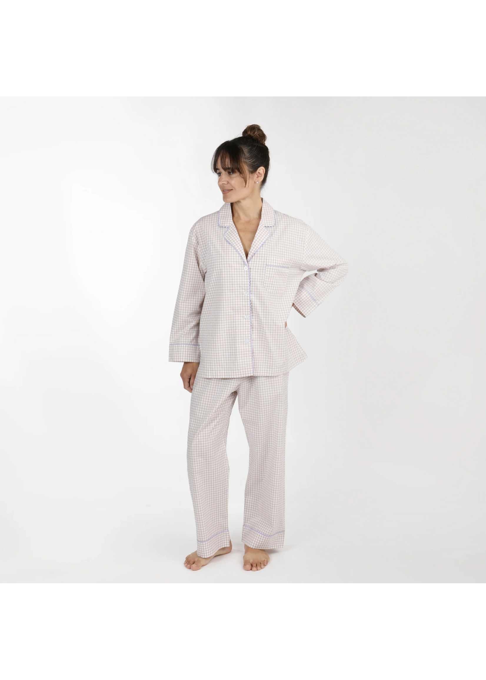 Gingham Cotton Pajamas w/ Ric Rack Trim Khaki