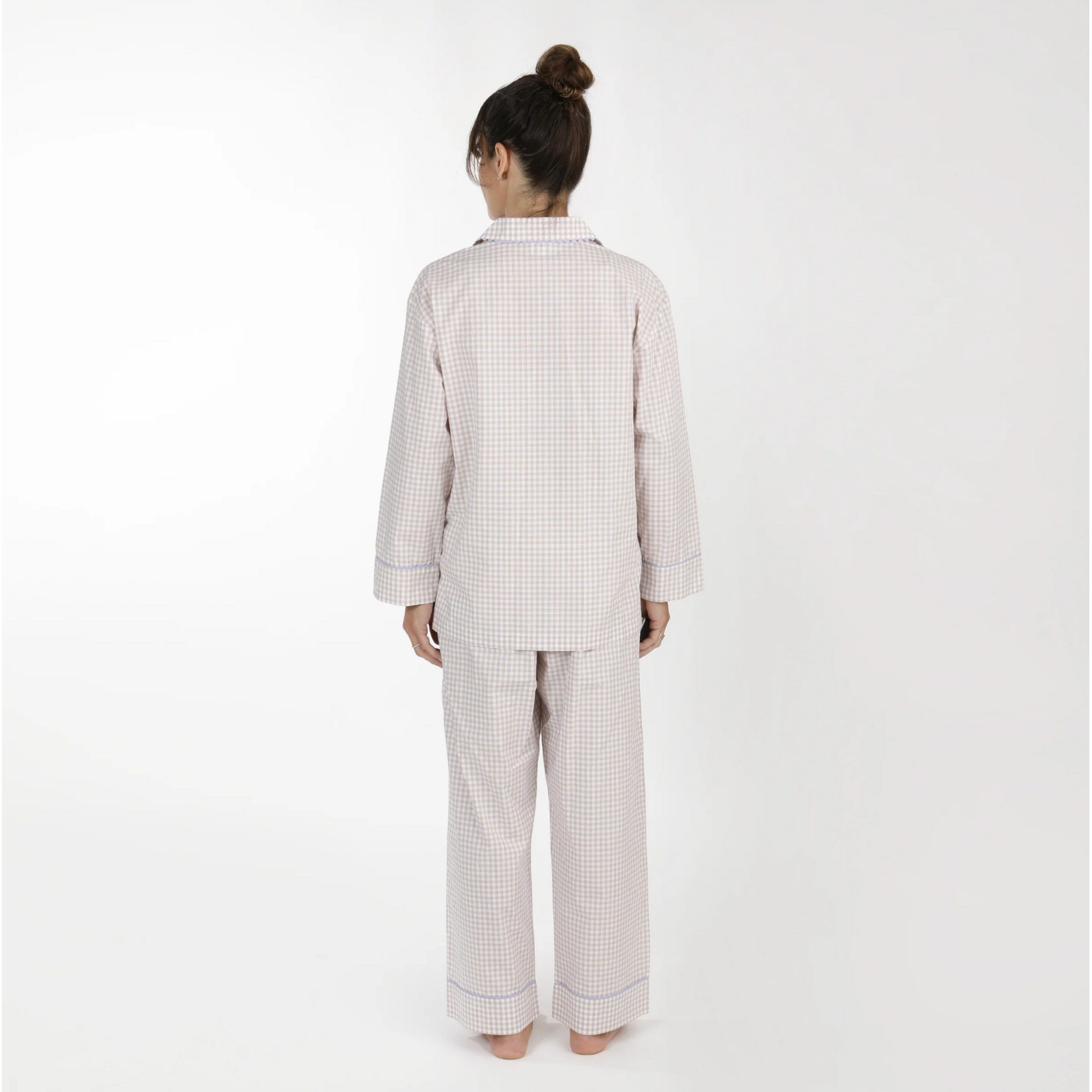 Gingham Cotton Pajamas with Ric Rack Trim Khaki