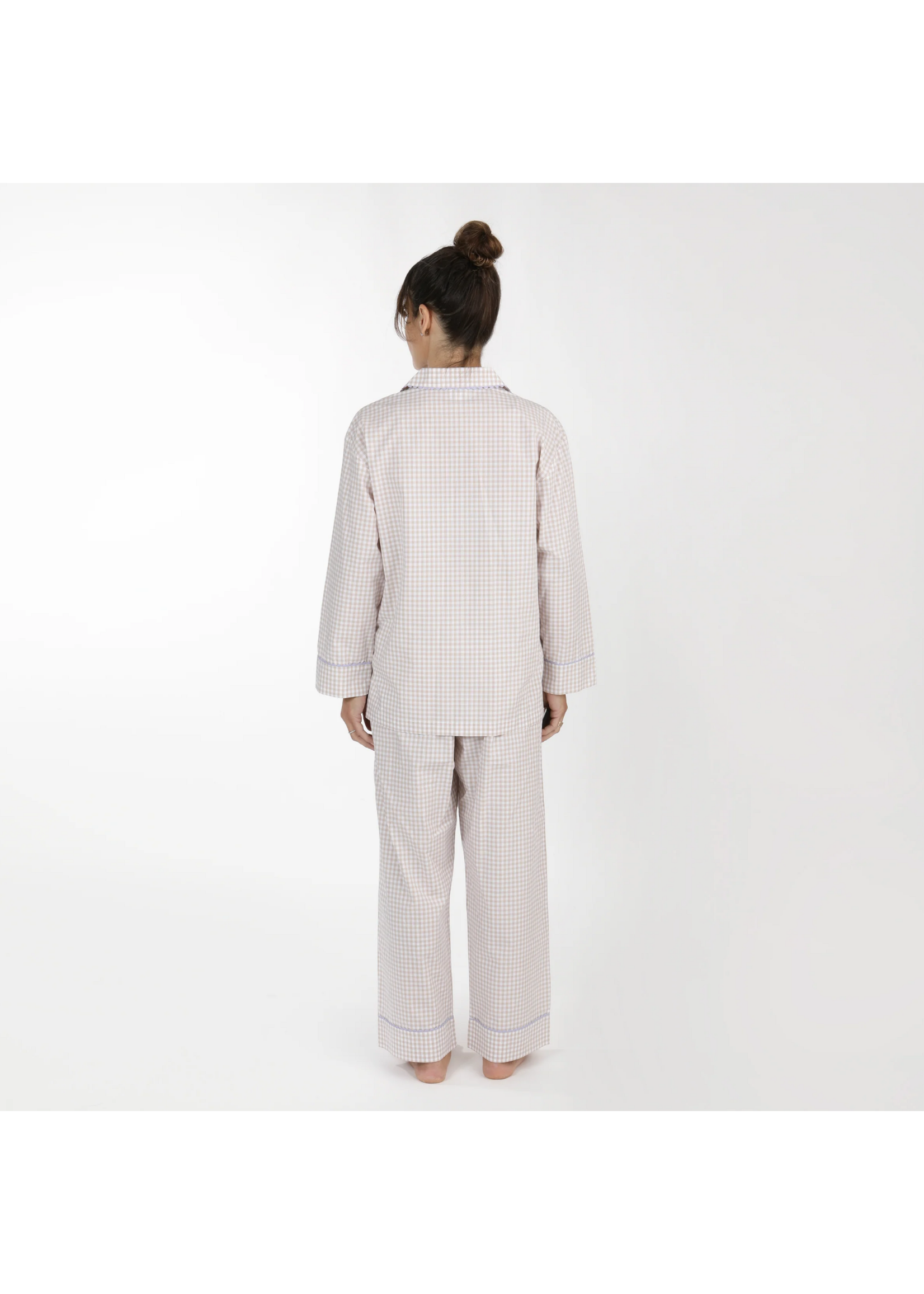 Gingham Cotton Pajamas w/ Ric Rack Trim Khaki