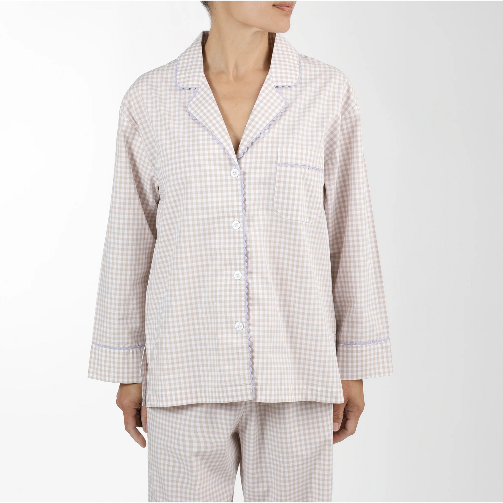 Gingham Cotton Pajamas w/ Ric Rack Trim Khaki