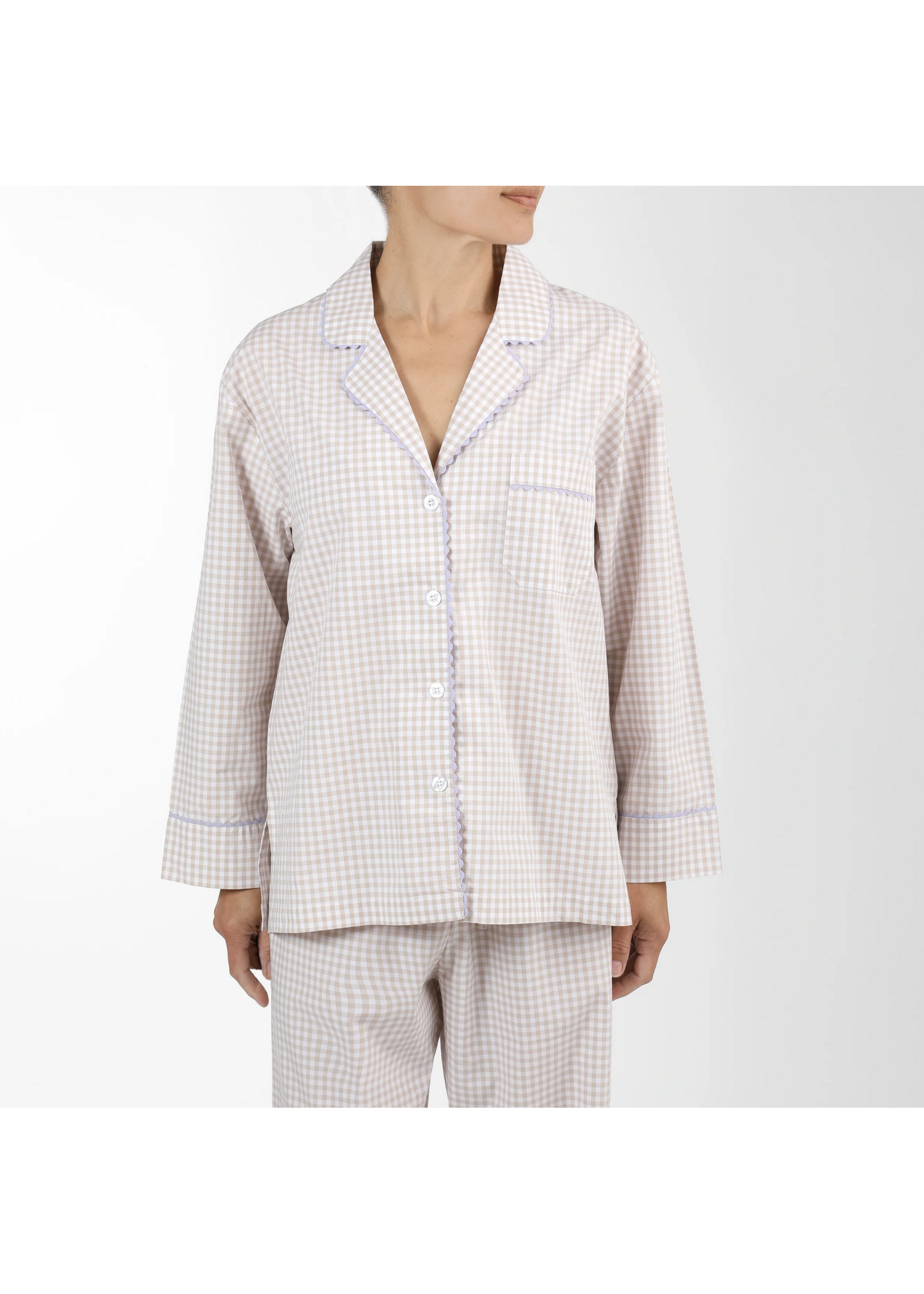 Gingham Cotton Pajamas w/ Ric Rack Trim Khaki