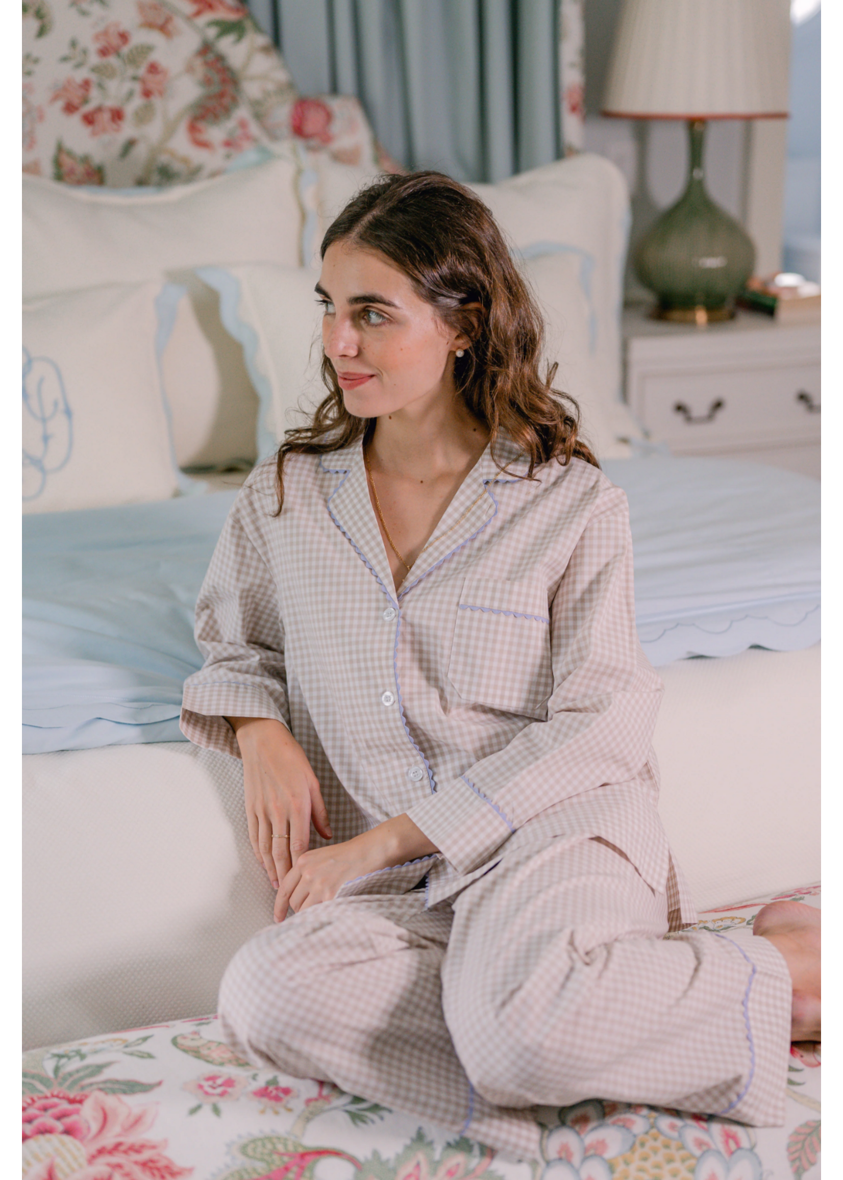 Gingham Cotton Pajamas w/ Ric Rack Trim Khaki