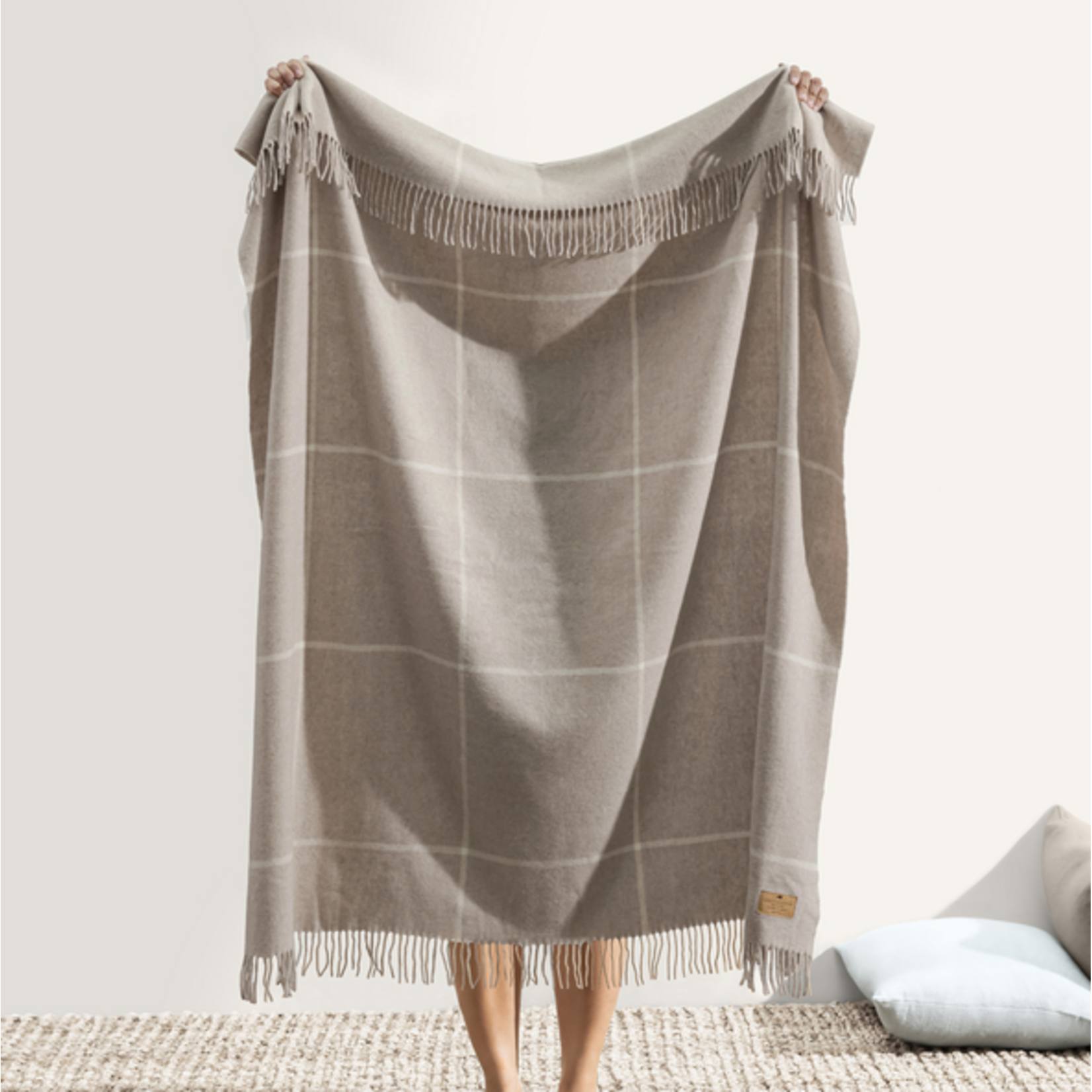Taupe Windowpane Cashmere Lambswool Throw