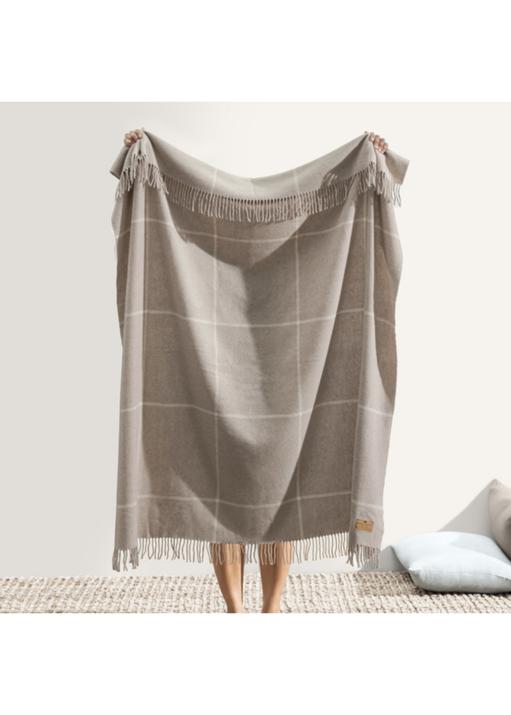 Taupe Windowpane Cashmere Lambswool Throw