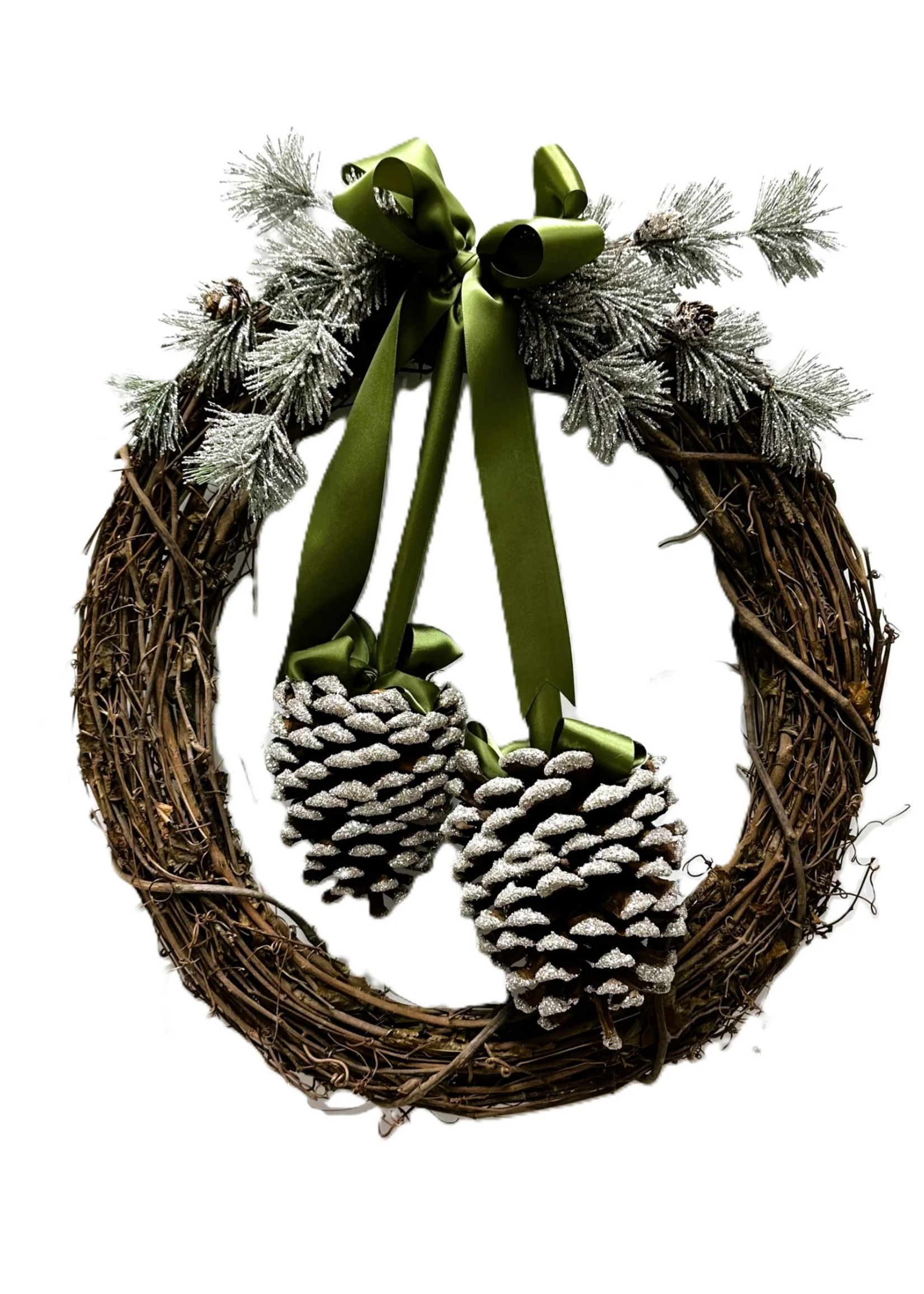 Twig Wreath w/ Pinecones Silver Moss Ribbon