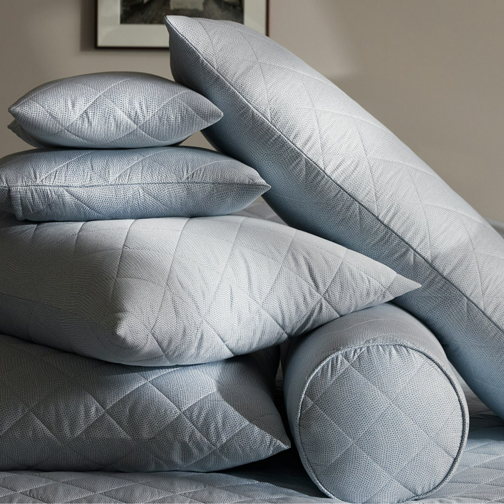 Matouk Jasper Quilted Bolster with Piped Edge Hazy Blue with Insert