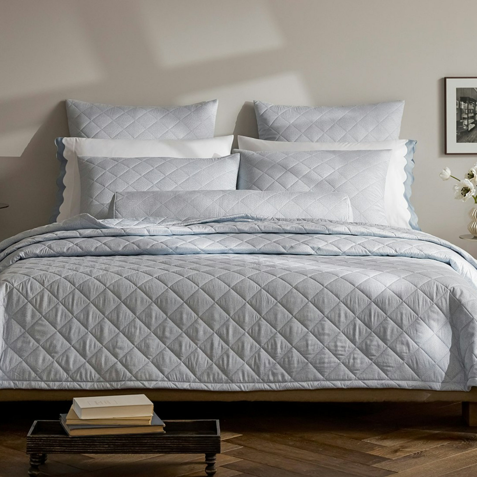 Matouk Jasper Quilted Bolster with Piped Edge Hazy Blue with Insert