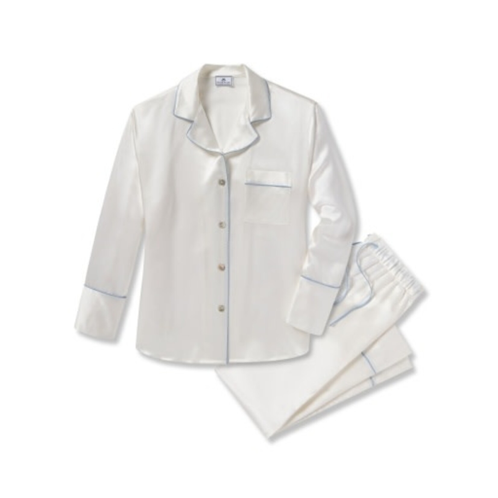 Women's Mulberry Silk White Pajama with Periwinkle Piping