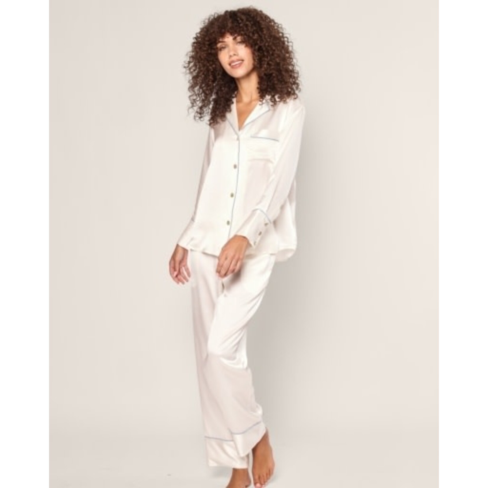 Women's Mulberry Silk White Pajama with Periwinkle Piping