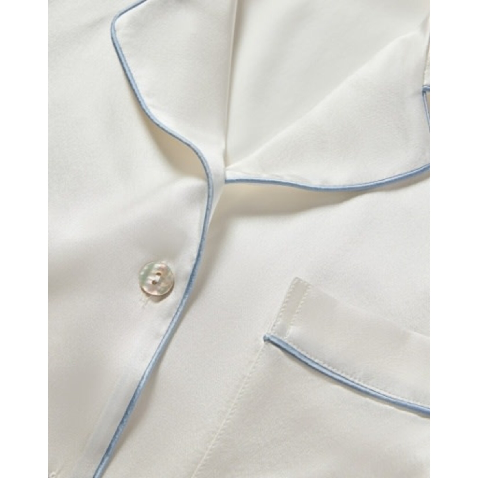 Women's Mulberry Silk White Pajama with Periwinkle Piping