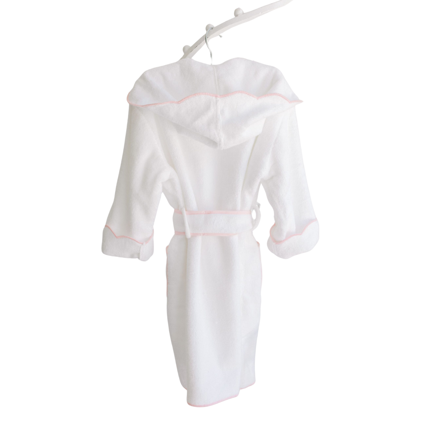 Bathrobe White Terry Hood Pink Scalloped