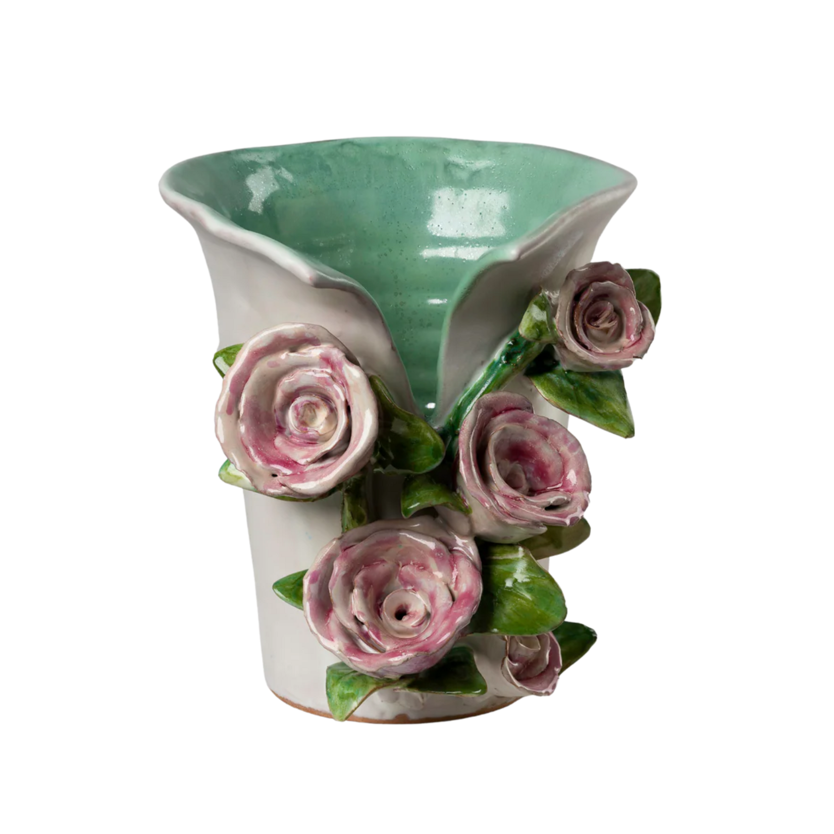 White Vase with Pink Roses