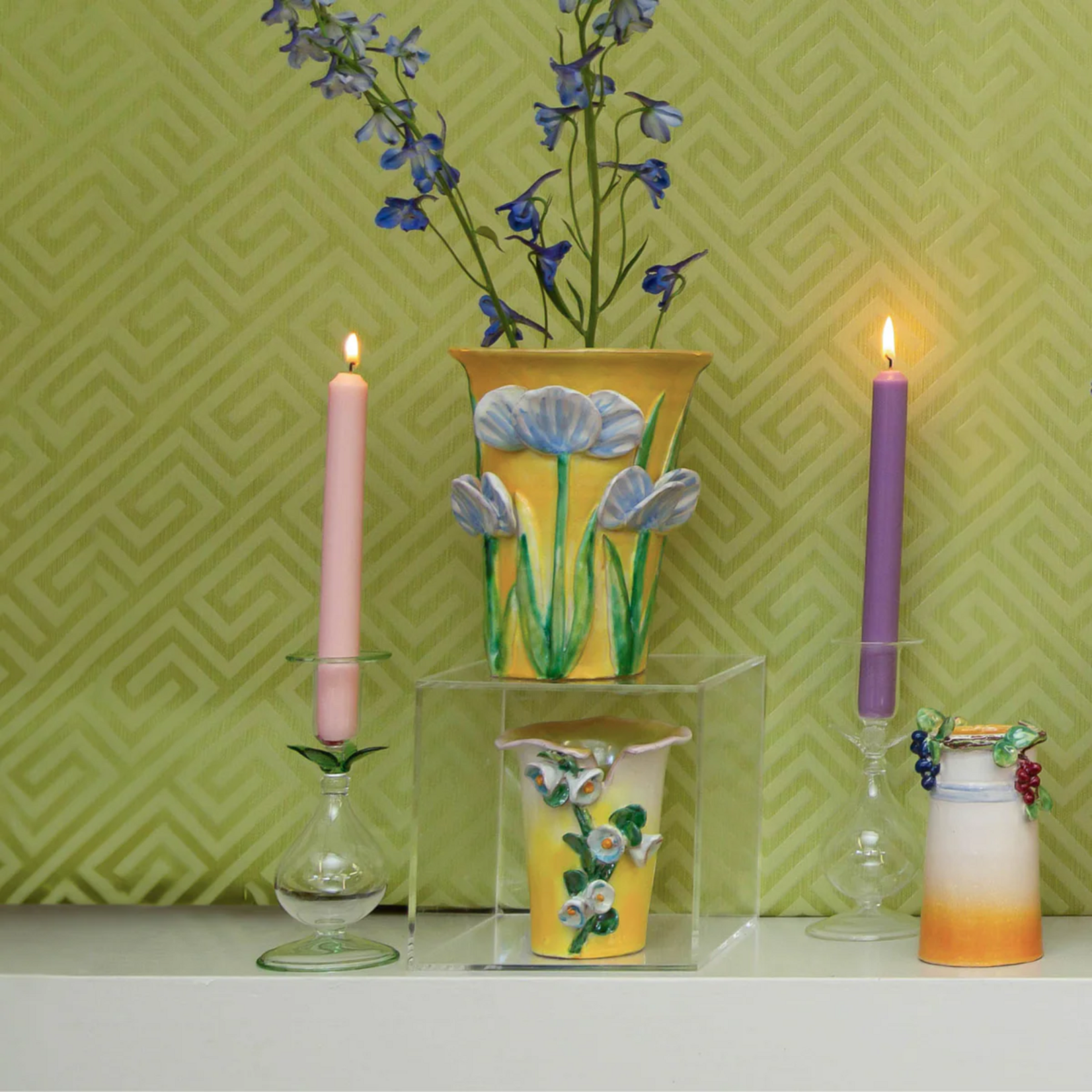 Abigails Small White Vase with Blue Bells