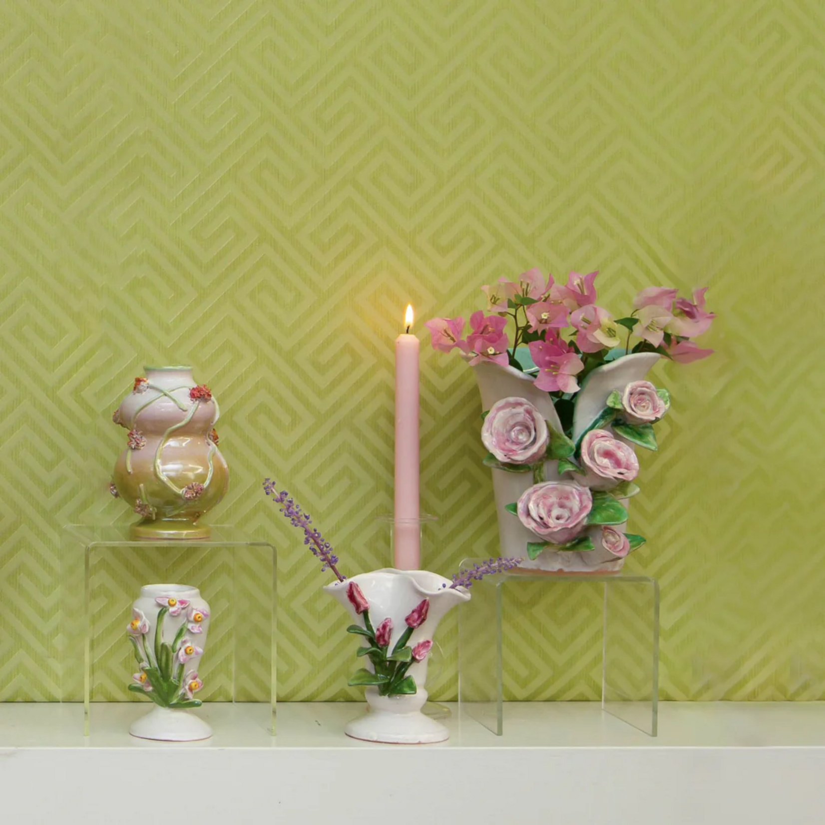 Abigails Small White Vase with Pink Tulips