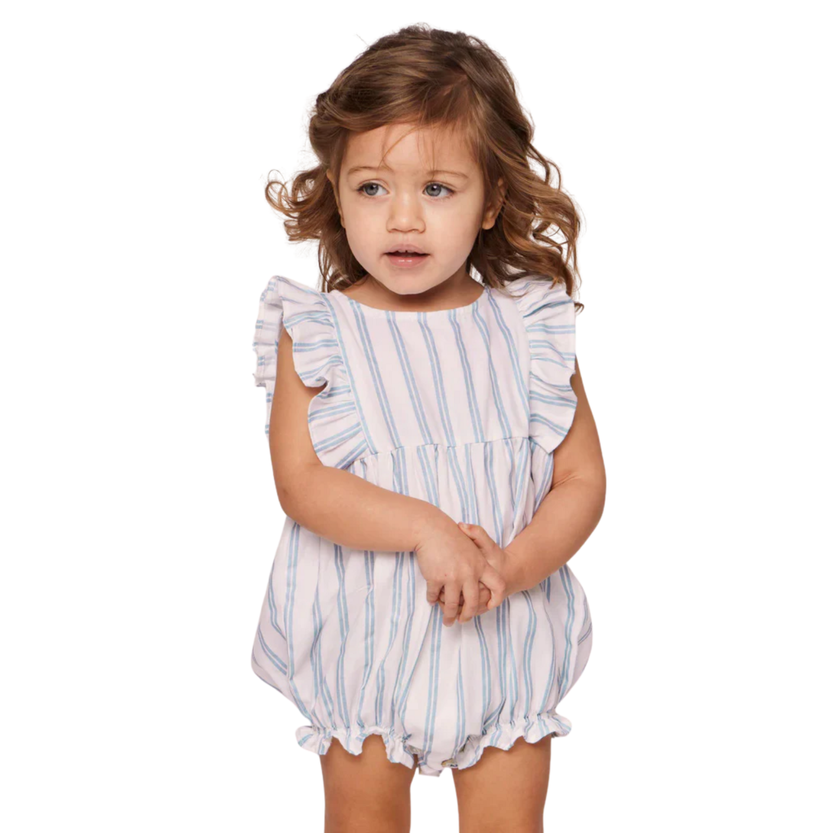 Twill Ruffled Romper Periwinkle Stripe