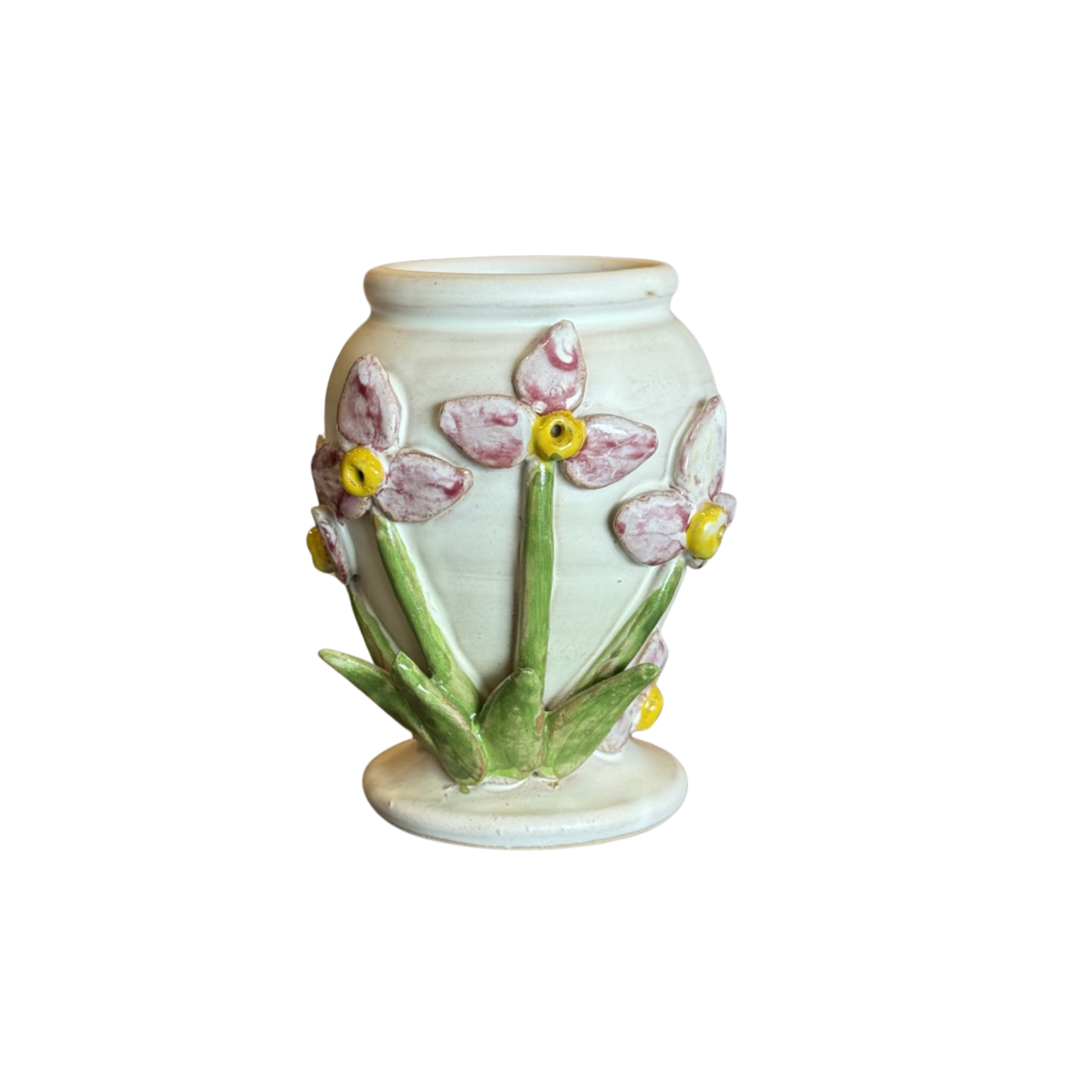 Small White Vase with Pink and Yellow Flowers