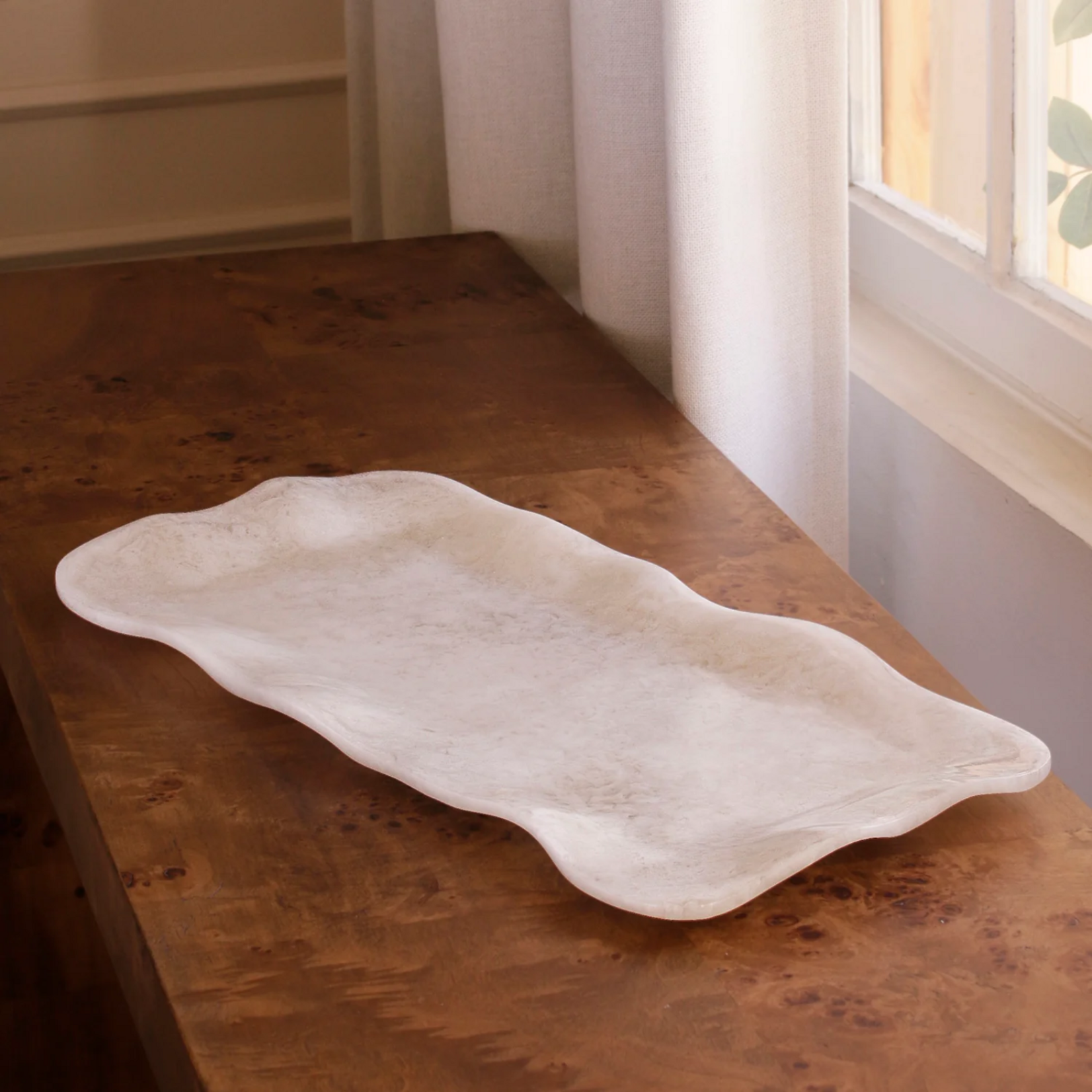 Beatriz Ball Resin Alabaster Long Rectangle Tray White Swirl