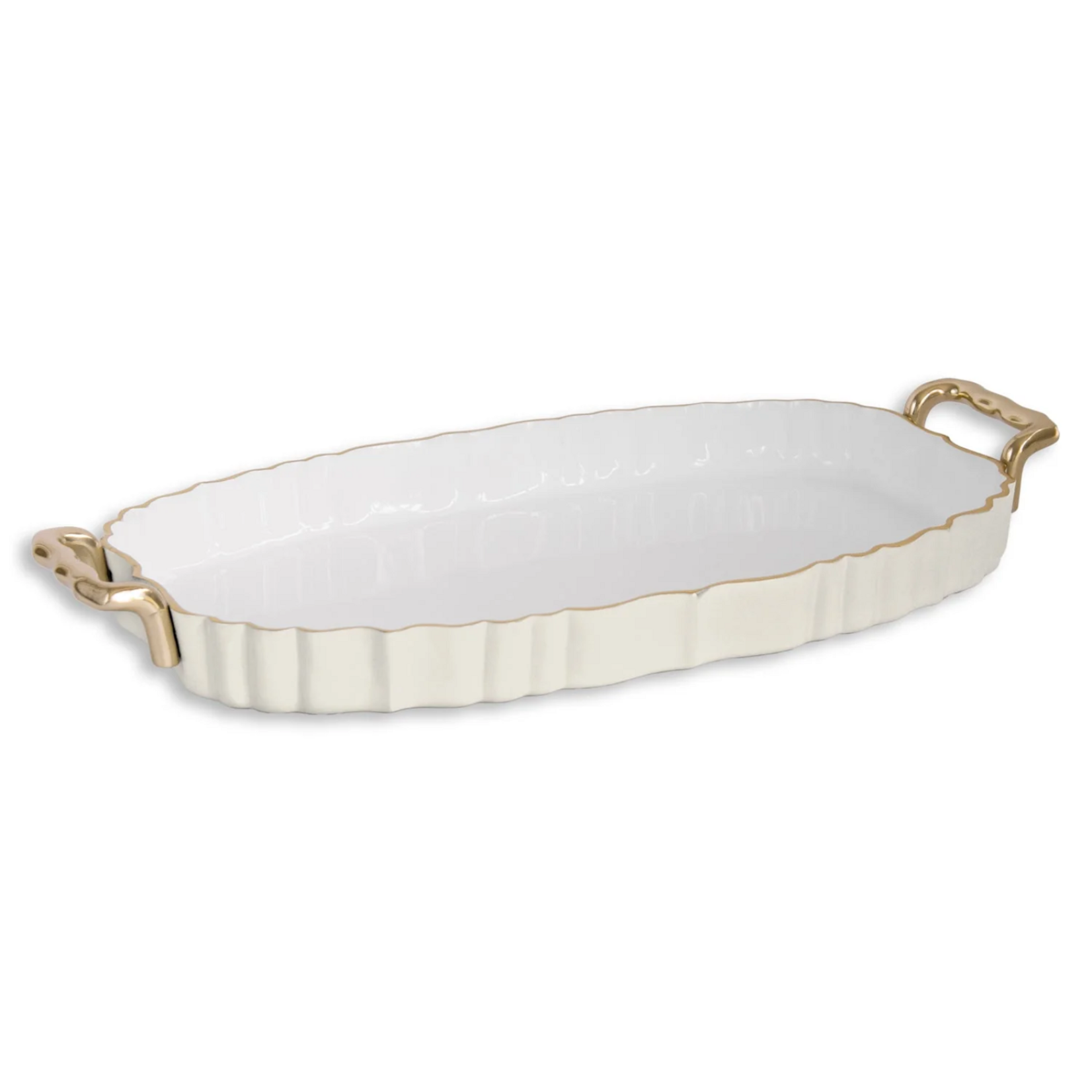 ENCANTO Vintage Fluted Oval Tray with Handles Cream & White