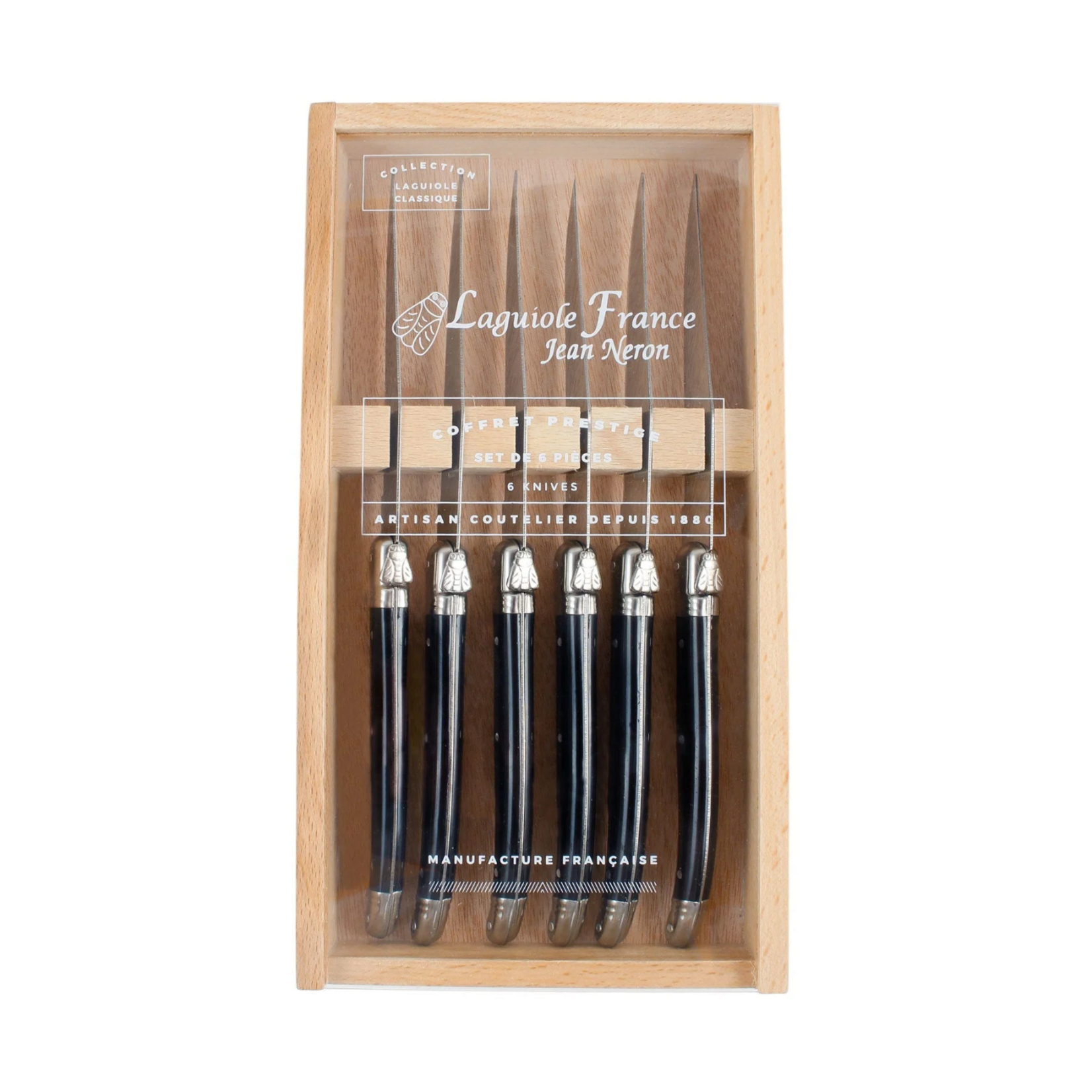 Laguiole 6 Pc Steak Knife Set Black in Wood Box with Acrylic Lid