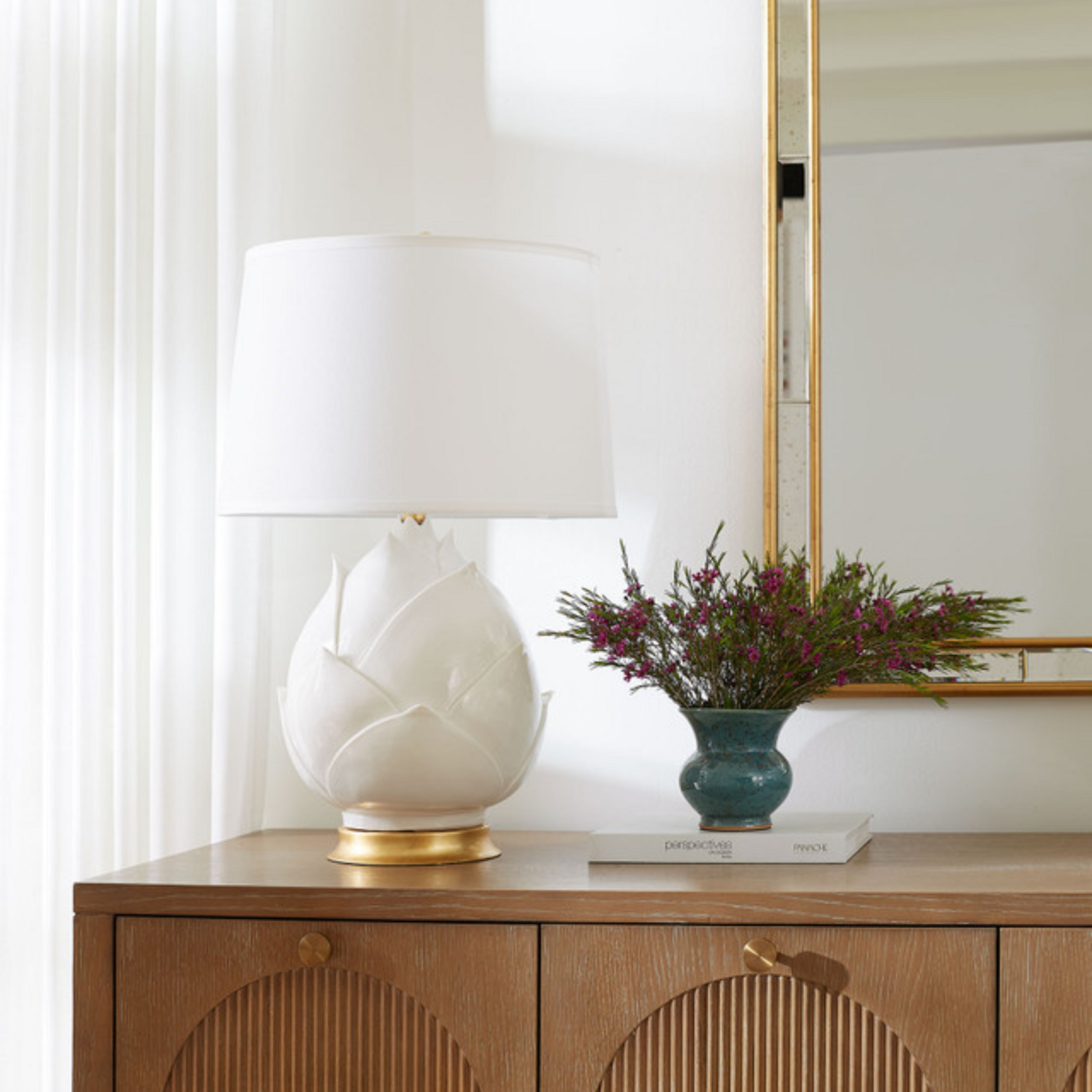 Villa & House Bungalow 5 Budding Table Lamp Blanc de Chine with 17" White Linen Shade, Blanc de Chine