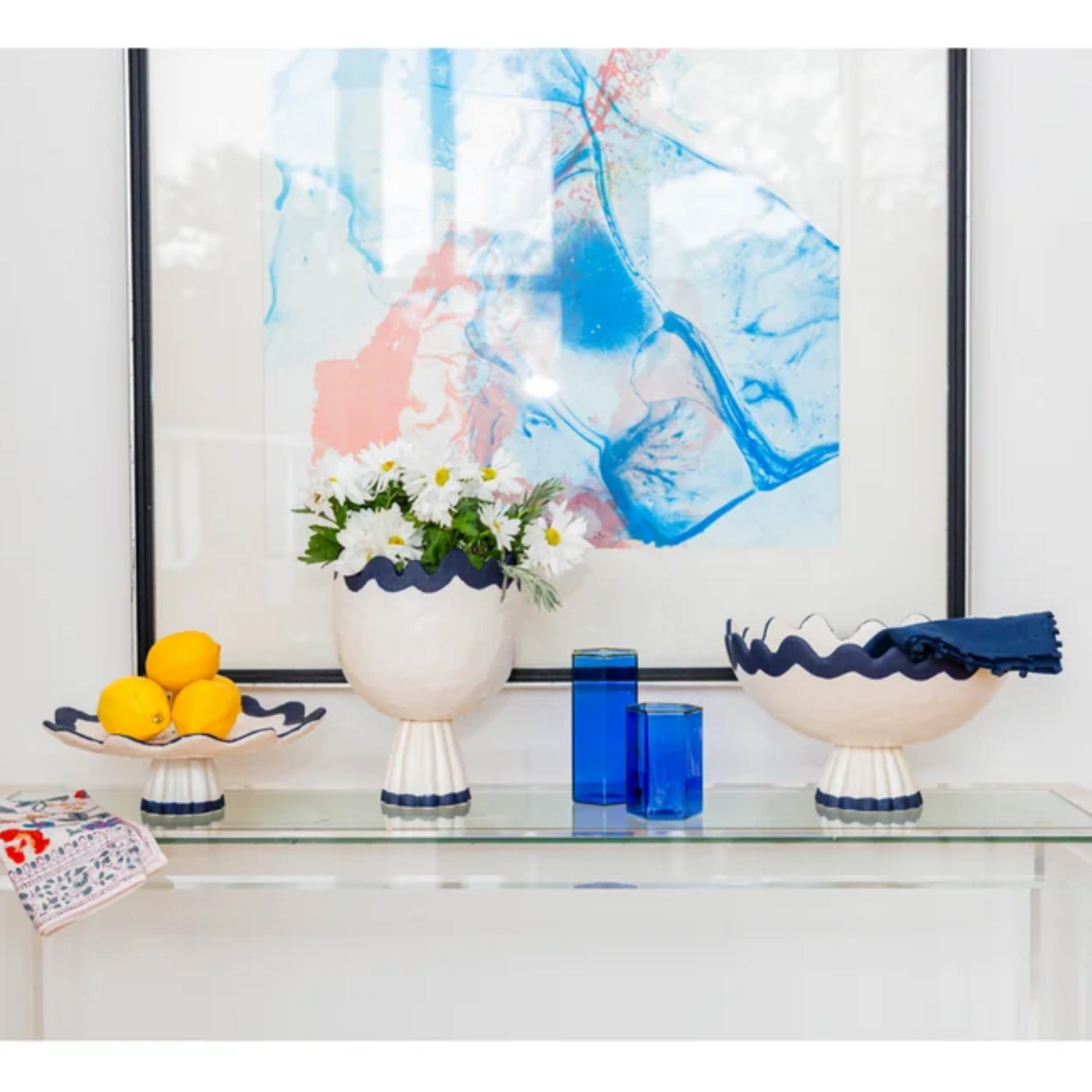 Abigails Footed Bowl Blue & White Rickrack