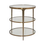 Worlds Away Vienna Three Tier Glass Top Round End Table Antique Brass