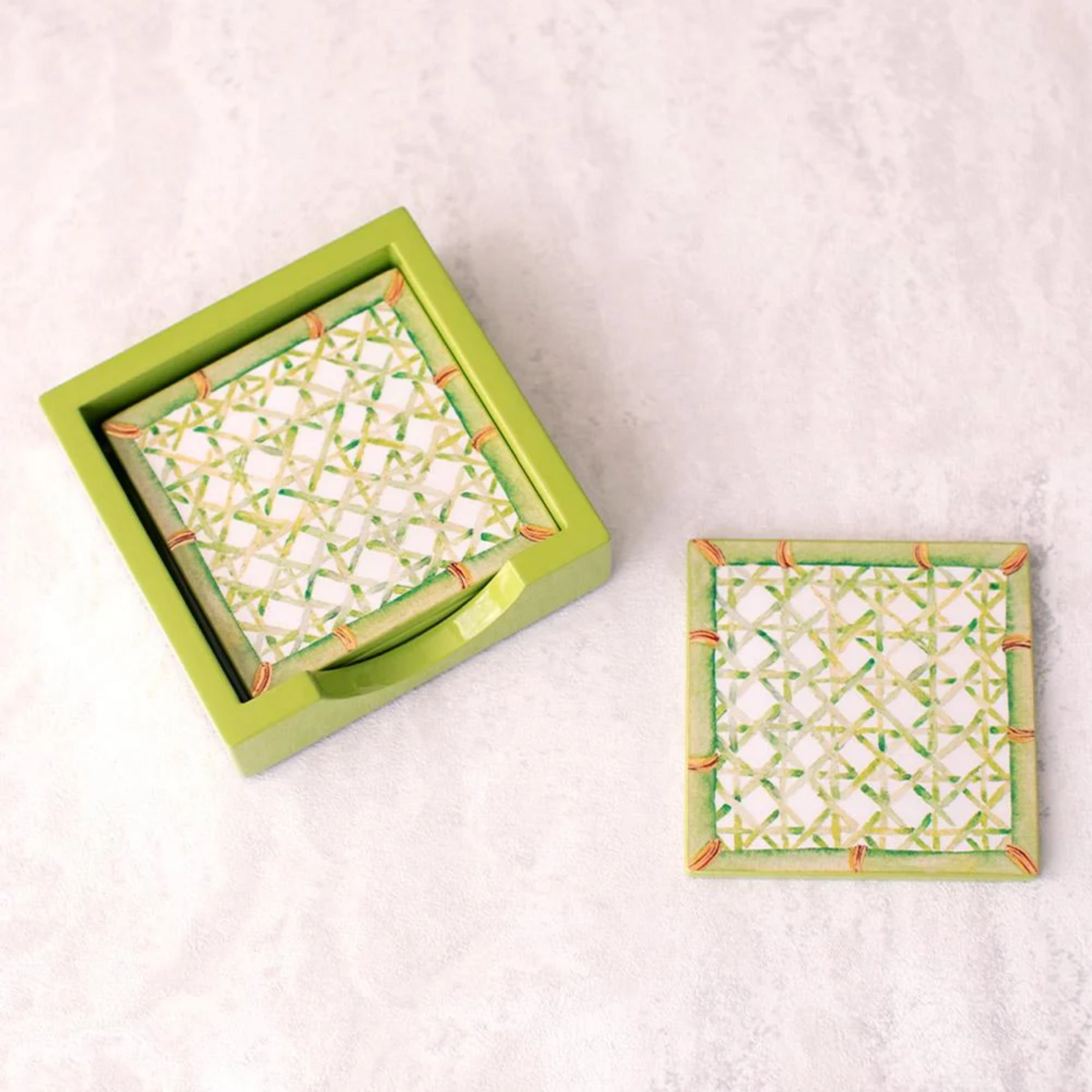 Caspari Lacquer Coaster Set of 4 - Trellis Green