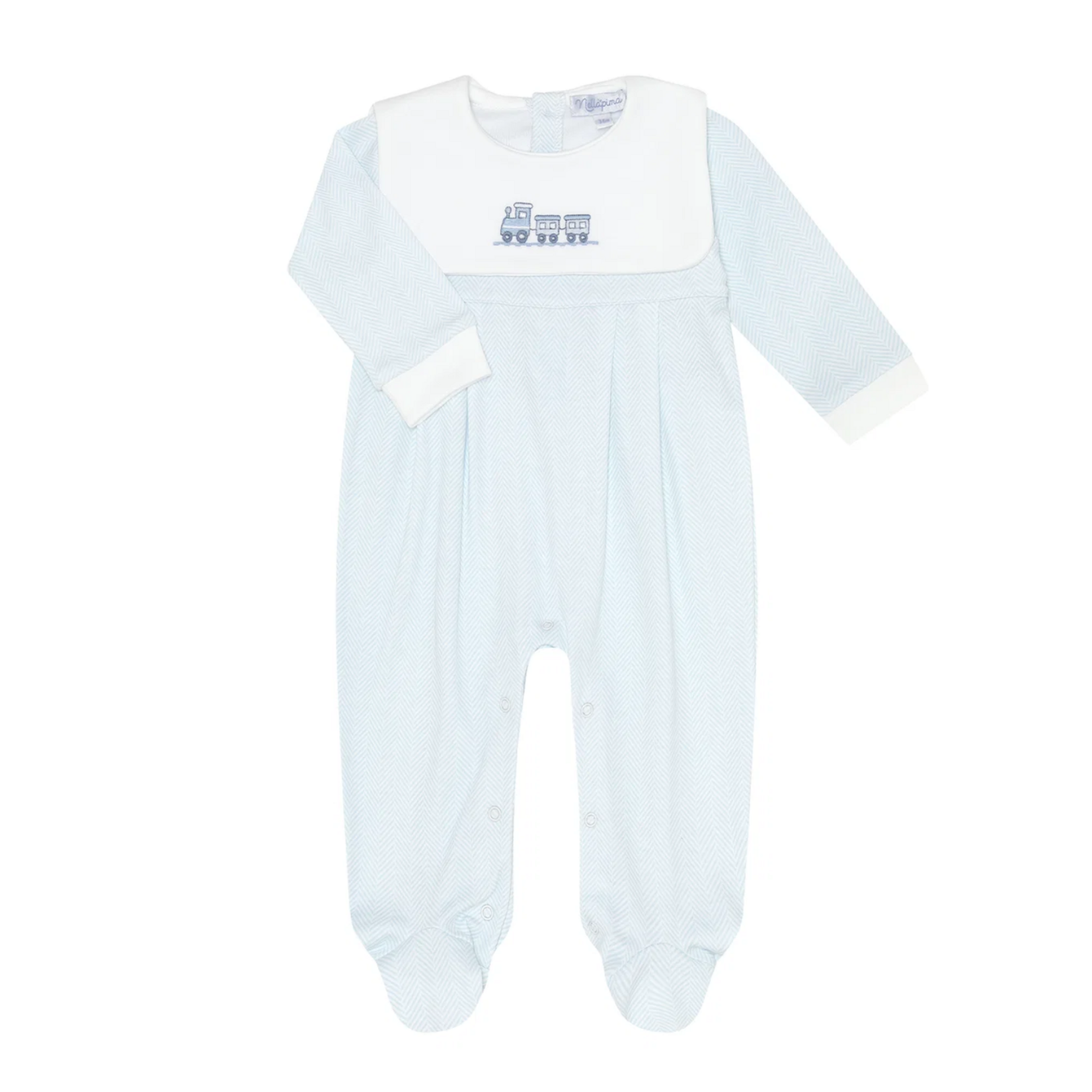 Blue Herringbone Embroidered Train Collared Footie
