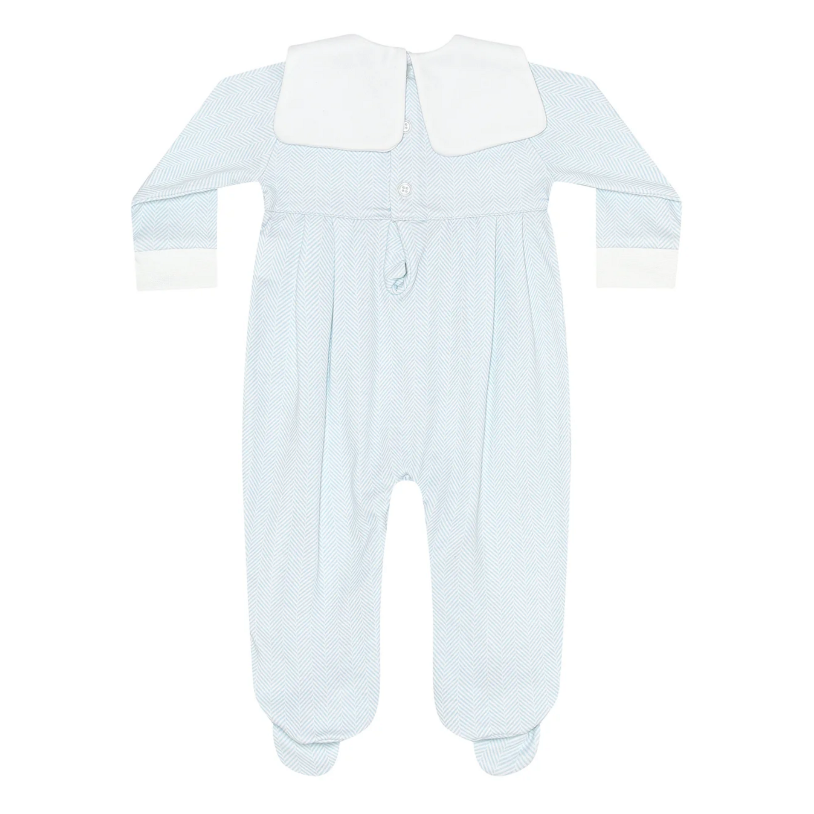 Blue Herringbone Embroidered Train Collared Footie