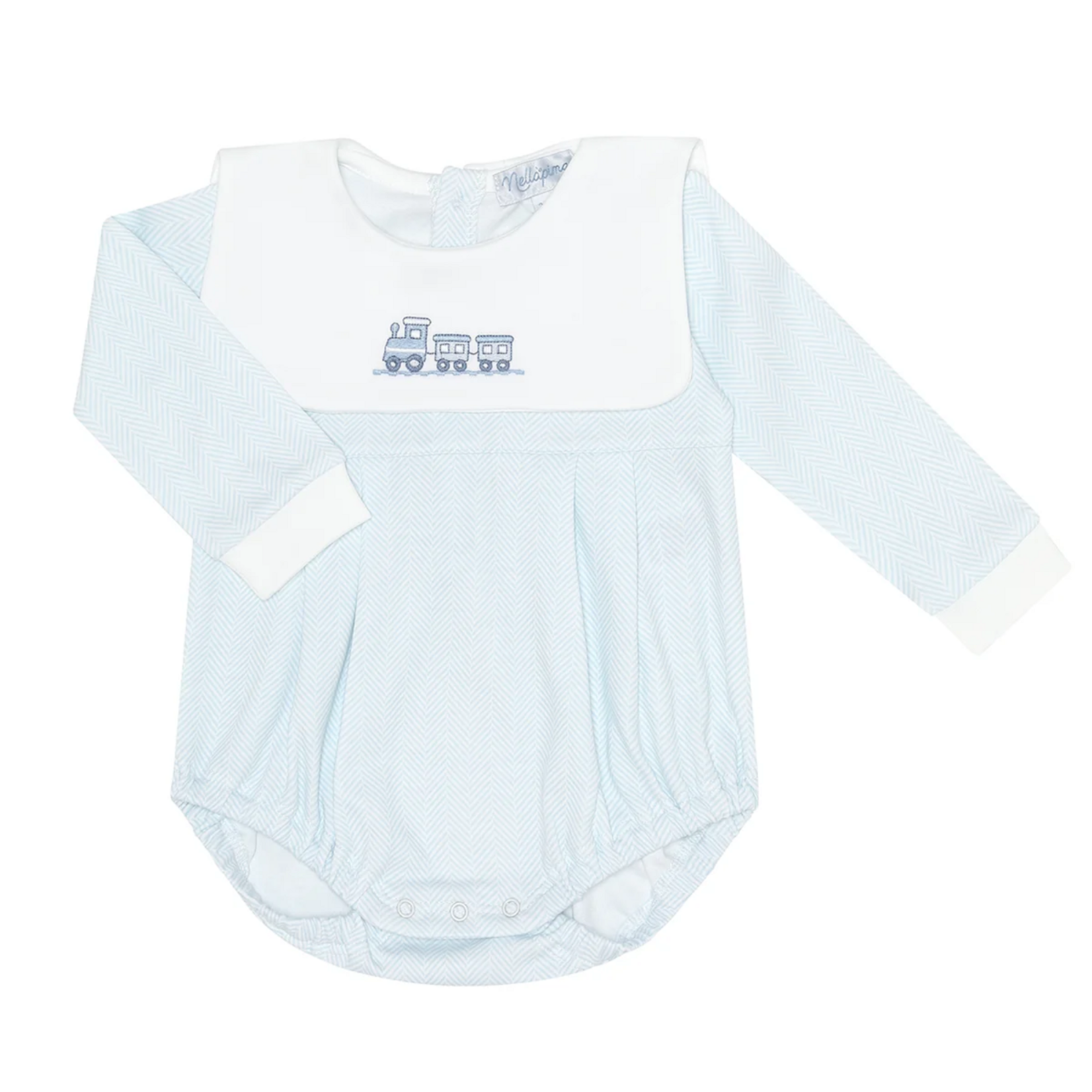 Blue Herringbone Embroidered Train Long Sleeve Bubble