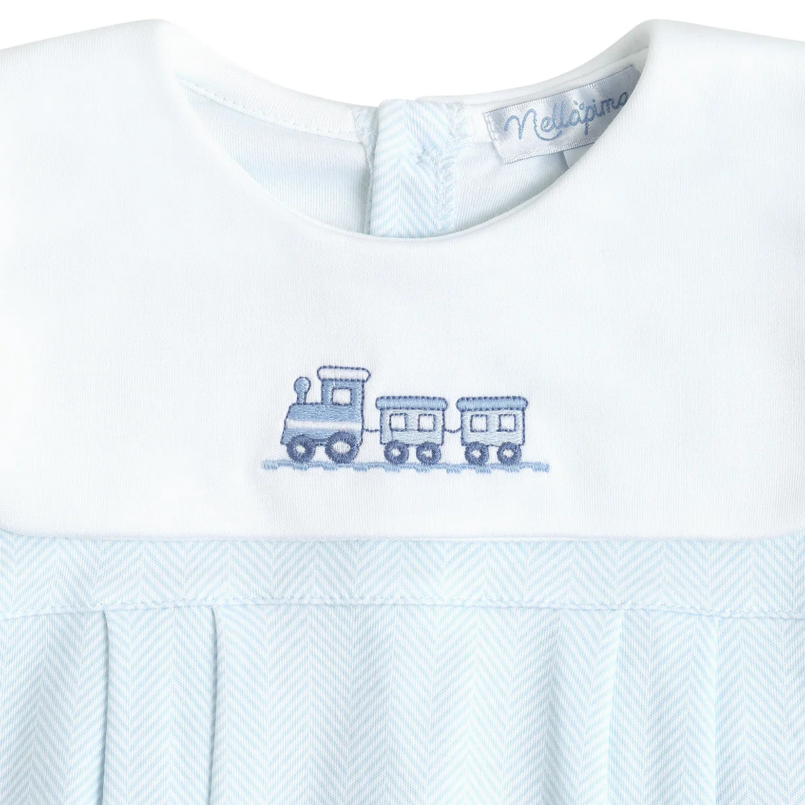 Blue Herringbone Embroidered Train Long Sleeve Bubble