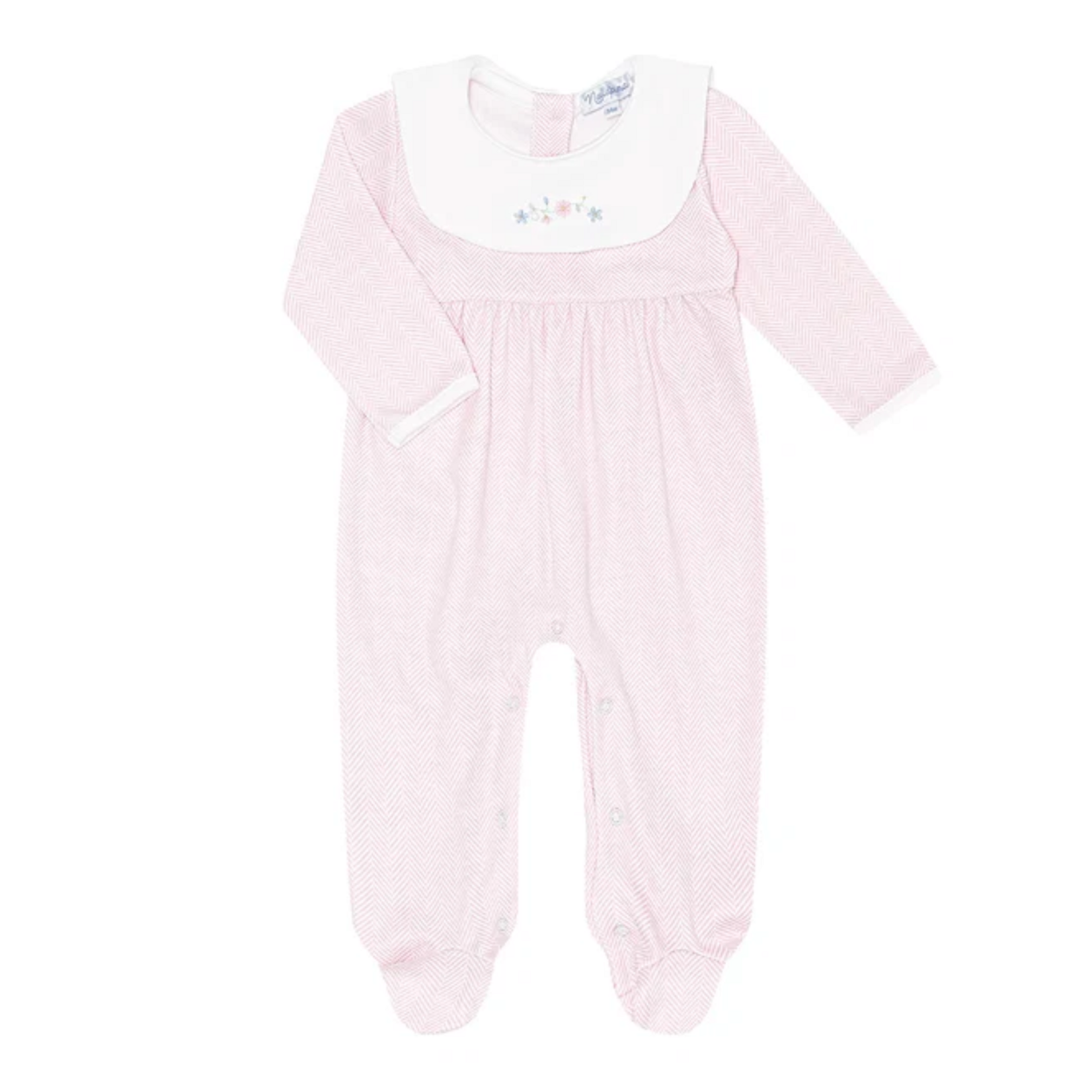 Pink Herringbone Embroidered Flowers Collared Footie