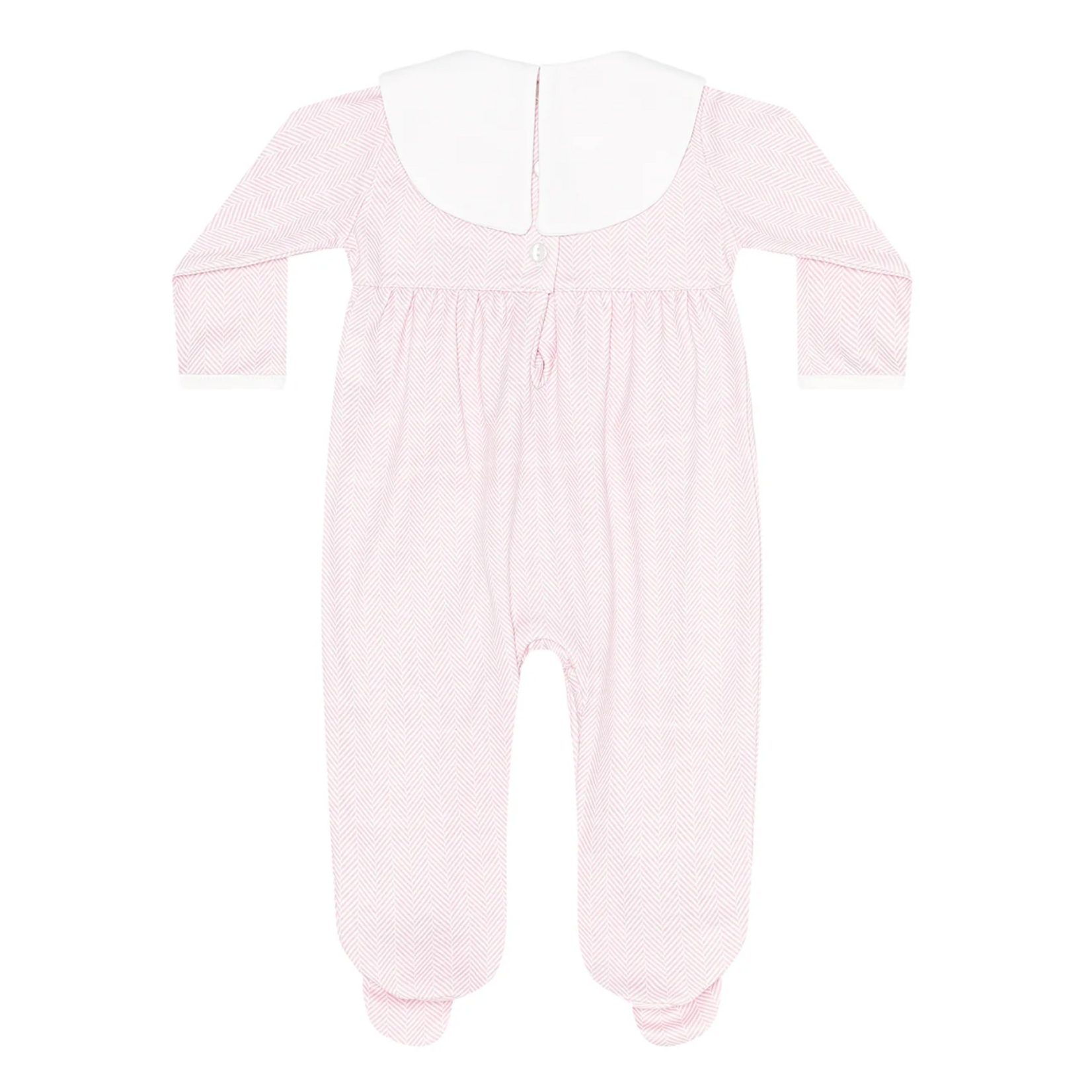 Pink Herringbone Embroidered Flowers Collared Footie