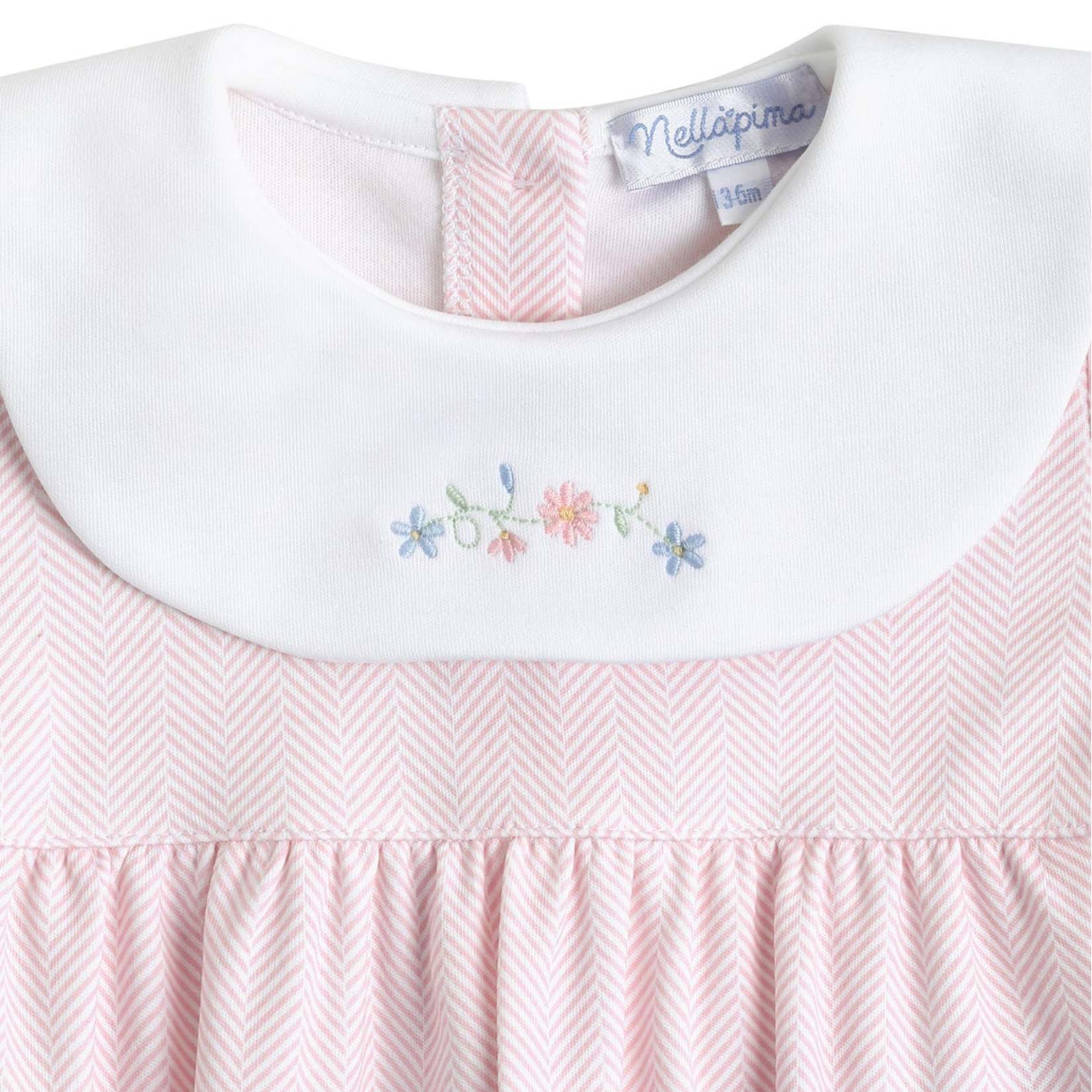 Pink Herringbone Embroidered Flowers Collared Footie