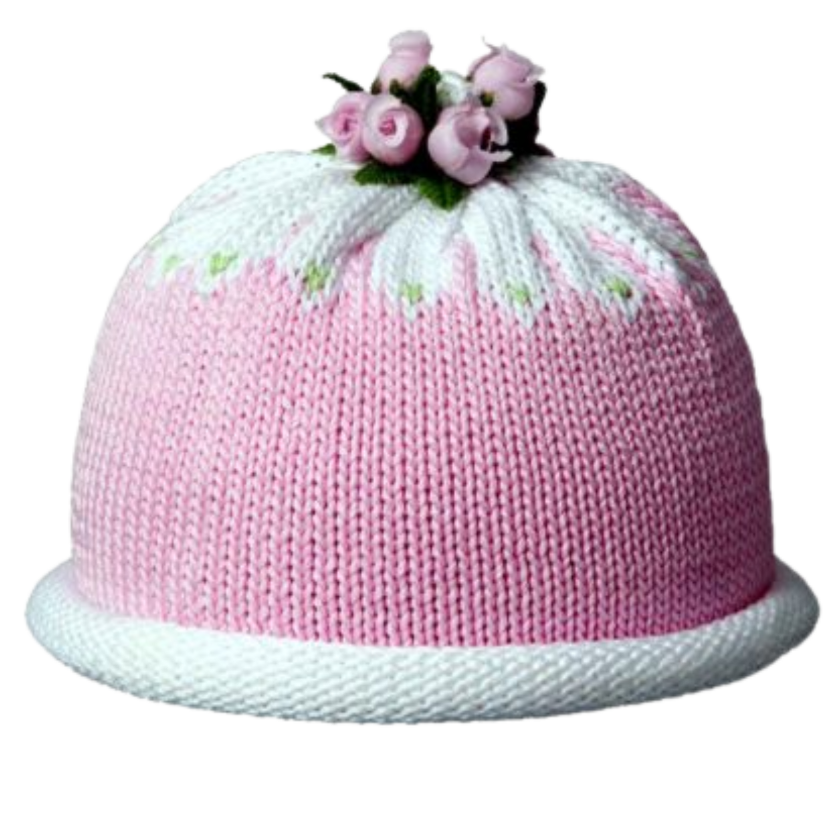 Margareta Horn Pink and White Knit Hat with Roses - 3-6 months