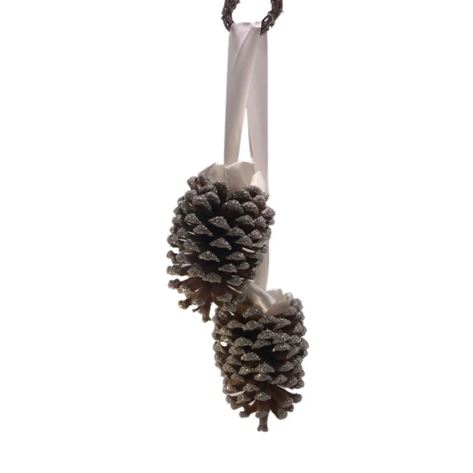 Hanging Double Pinecones - Silver, Cream Ribbon