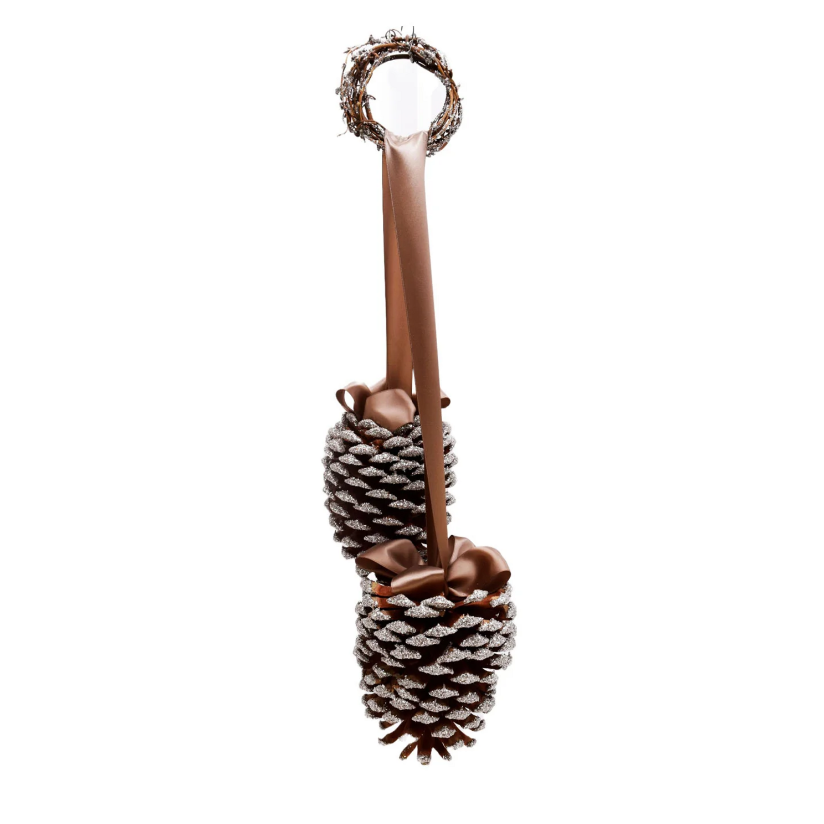 Double Hanging Pinecones - Silver, Chocolate Ribbon