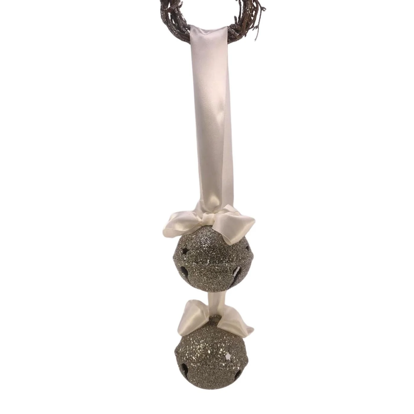 Double Hanging Jingle Bells - Silver, Cream Ribbon
