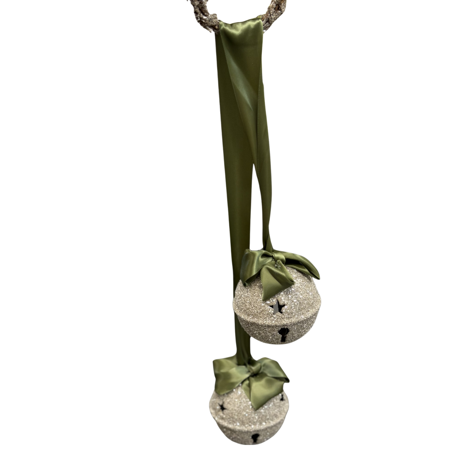 Double Hanging Jingle Bells - Silver, Moss Ribbon