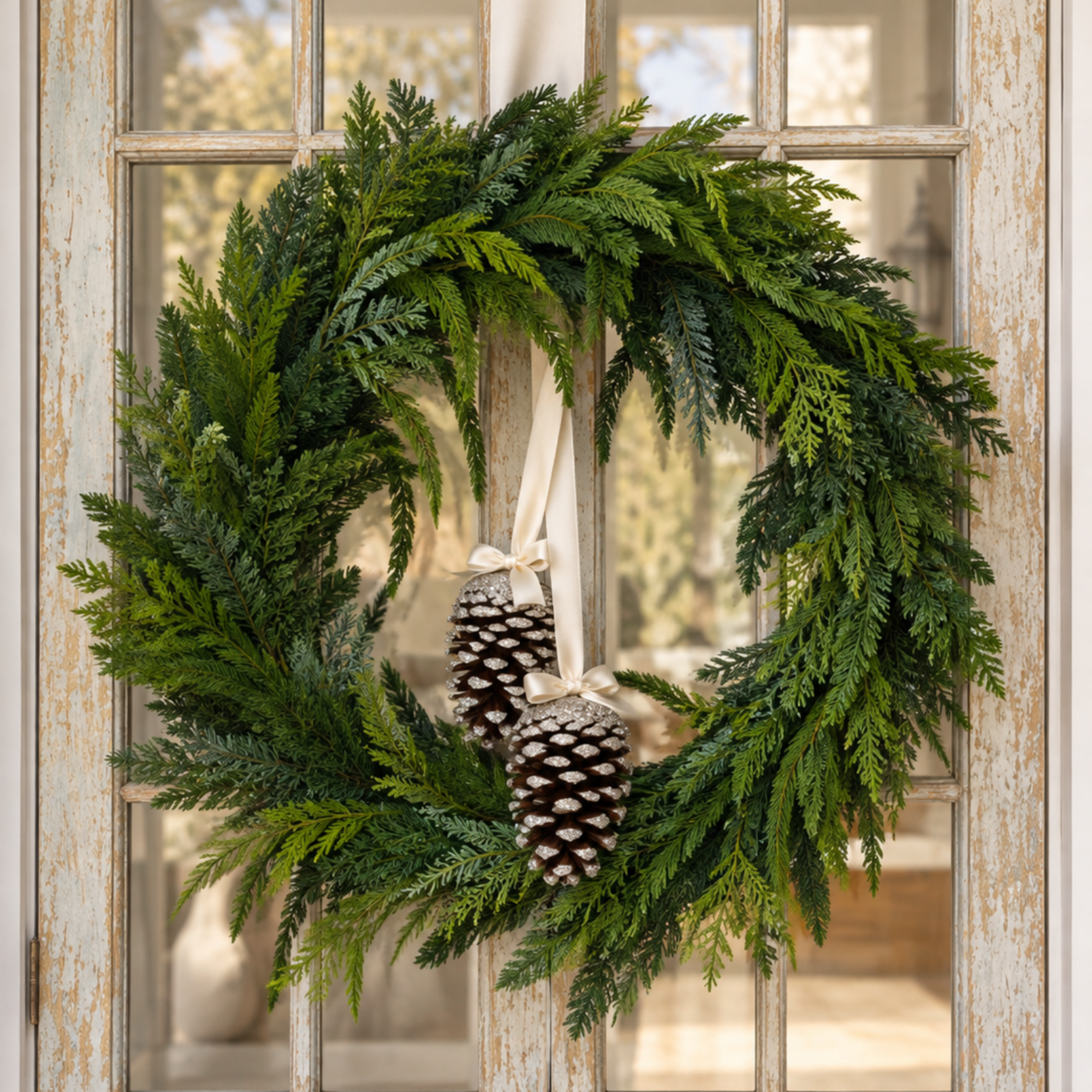 Hanging Double Pinecones - Silver, Cream Ribbon