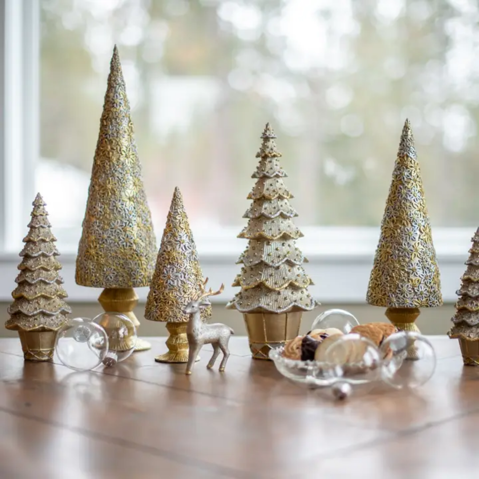 13" Layered Beaded Neo Cone Tree - Dark Champagne